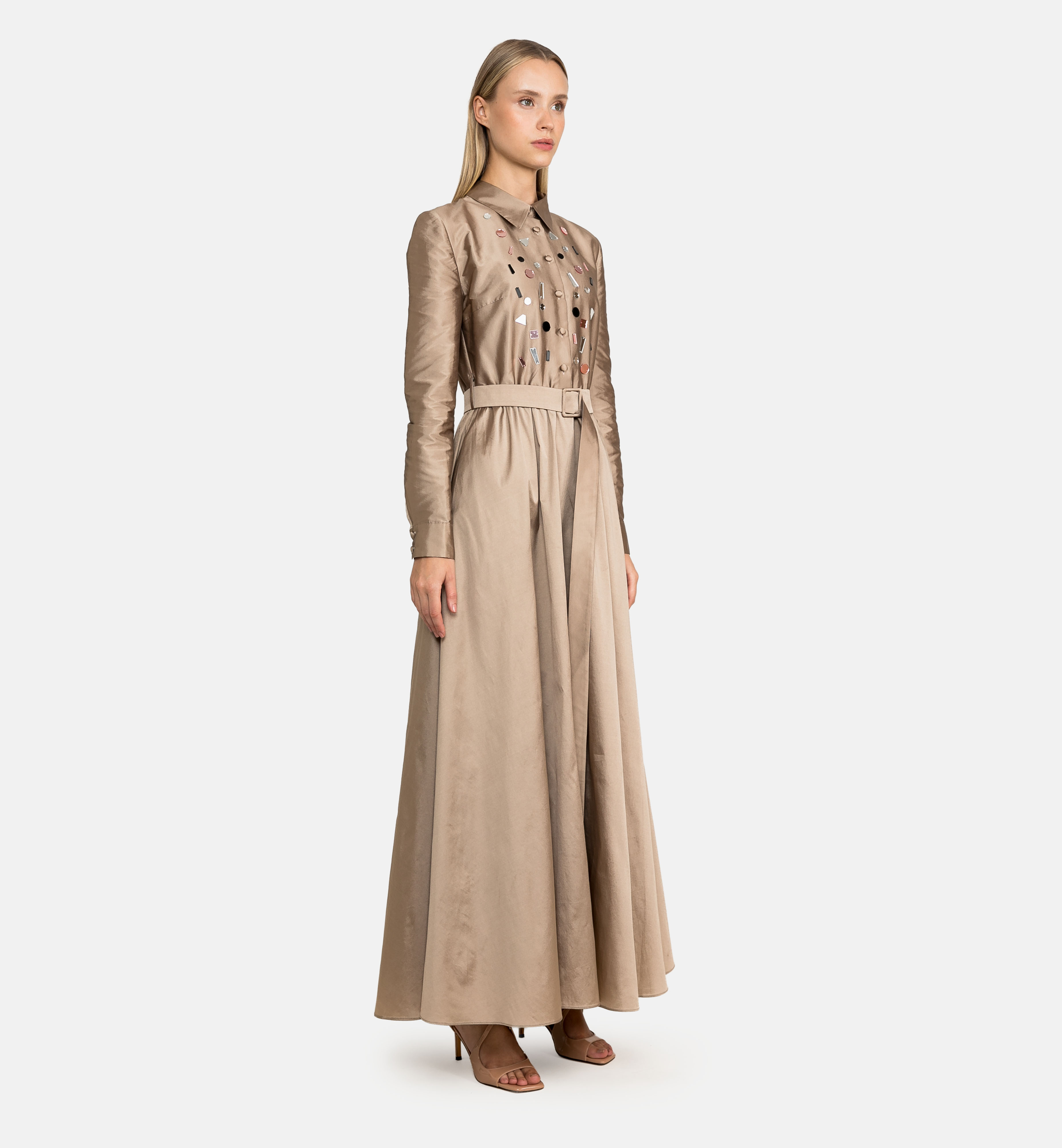 Buttoned taffeta midi dress with geometric embellishments, bronze