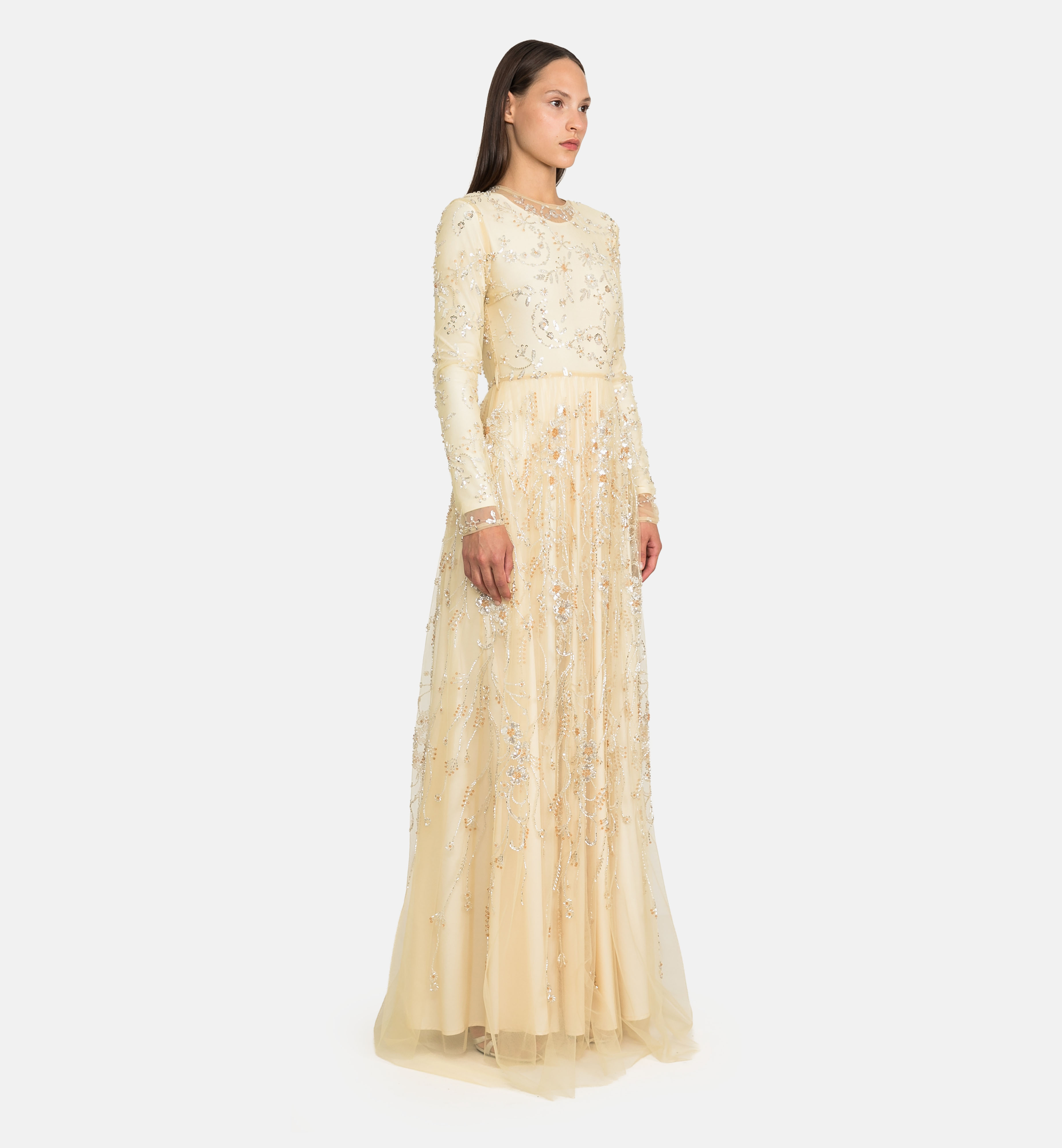 Tulle beaded maxi dress, yellow