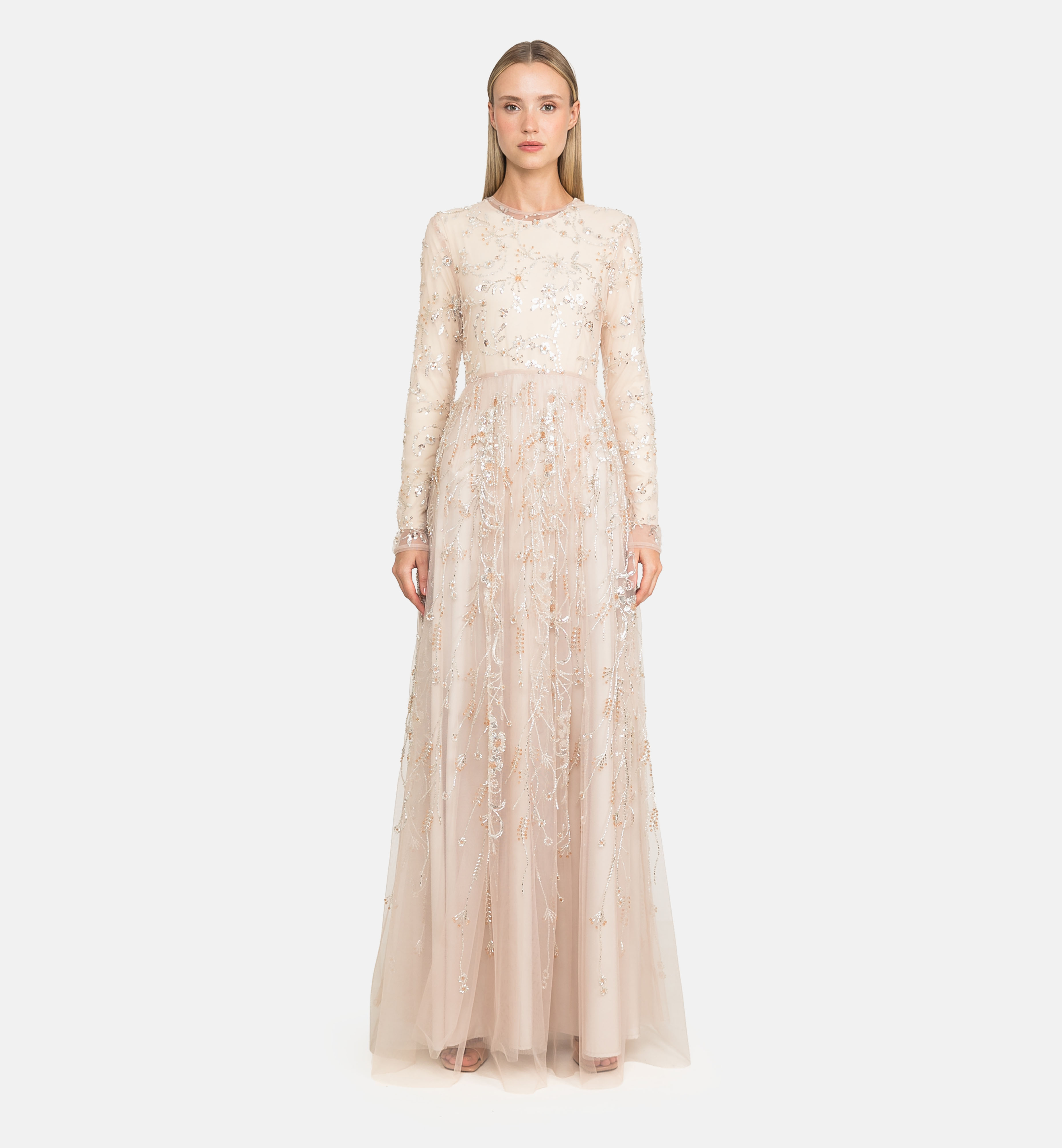 Tulle beaded maxi dress, beige