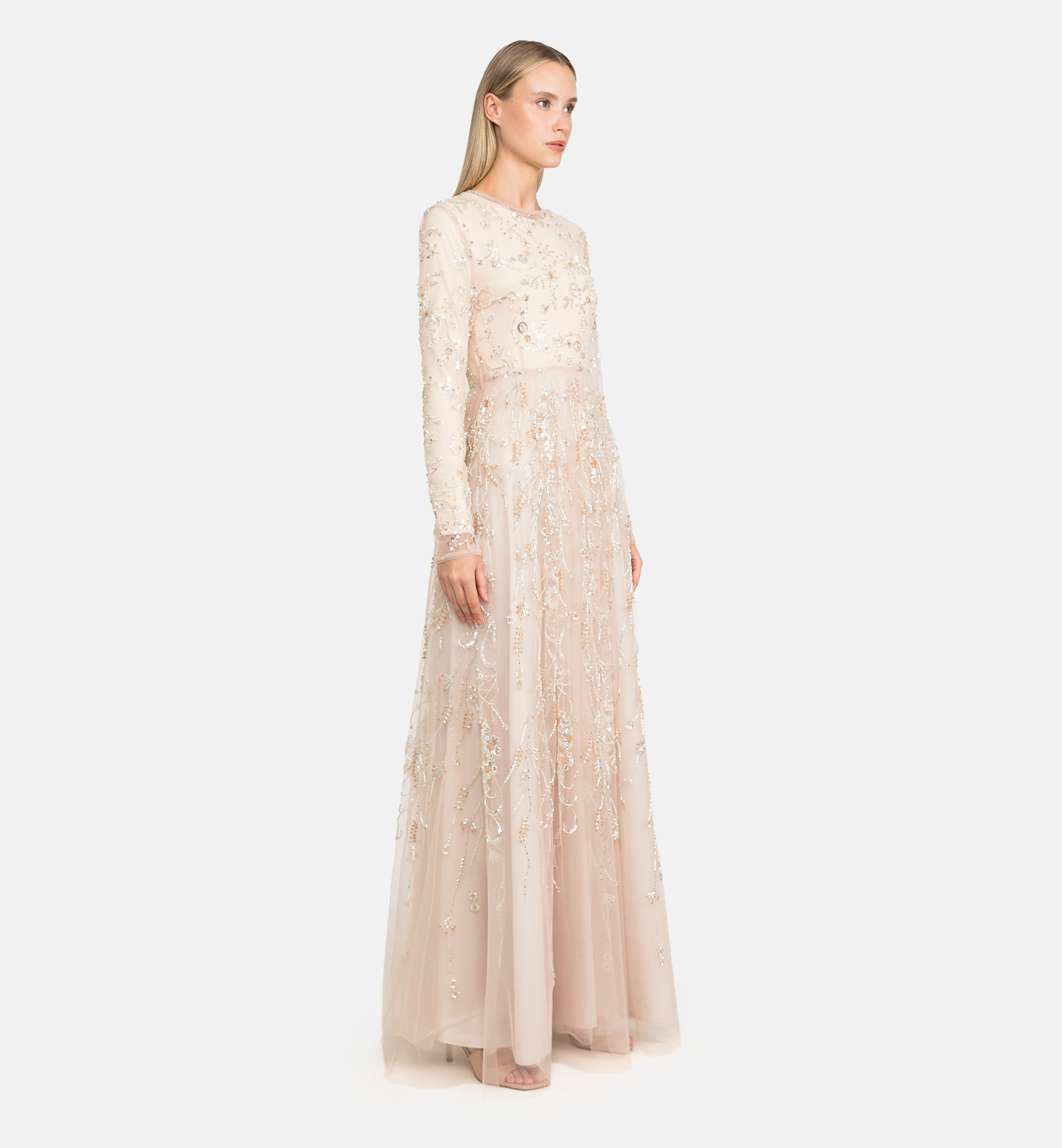 Tulle beaded maxi dress, beige