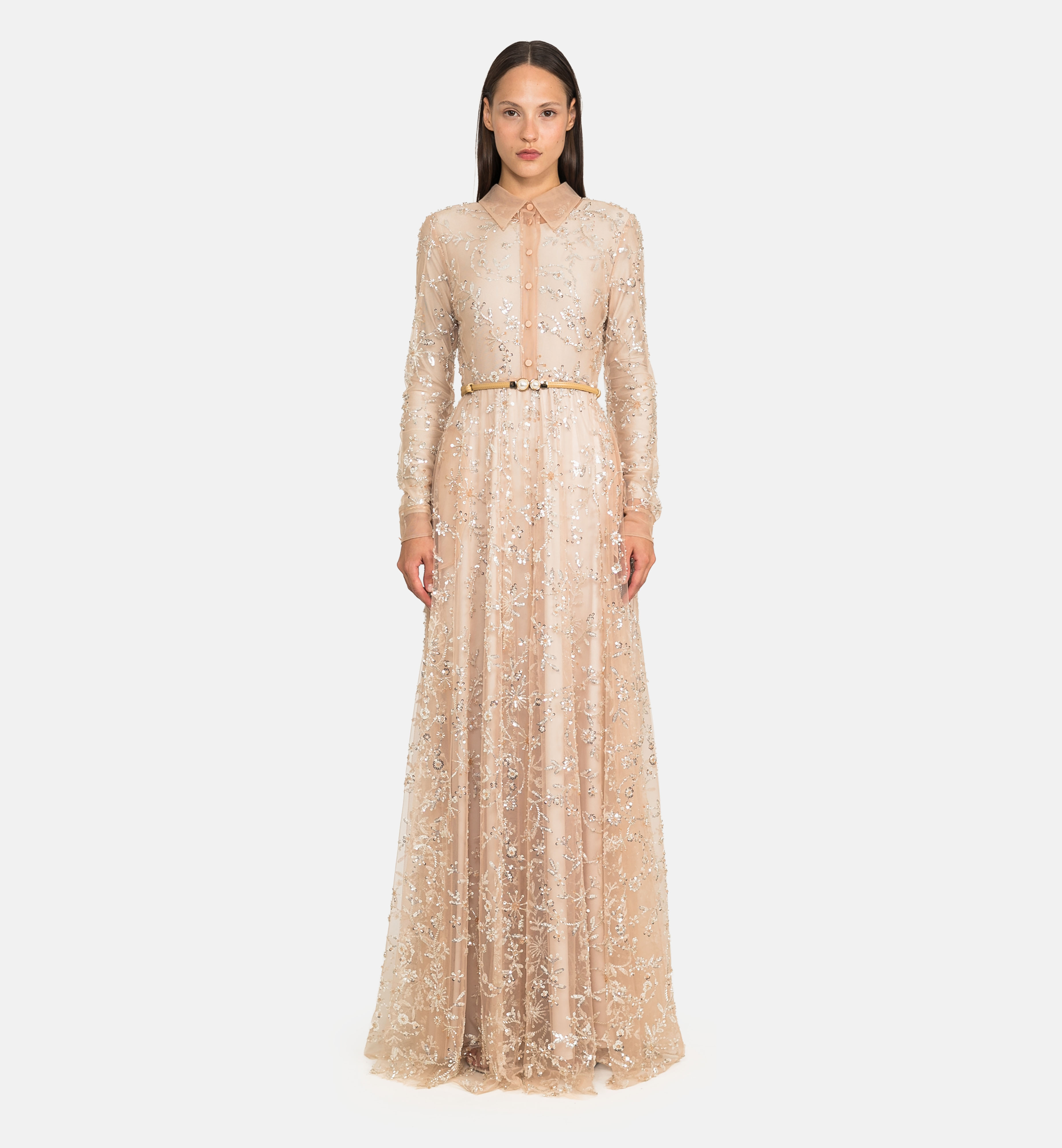 Buttoned tulle beaded maxi dress, beige