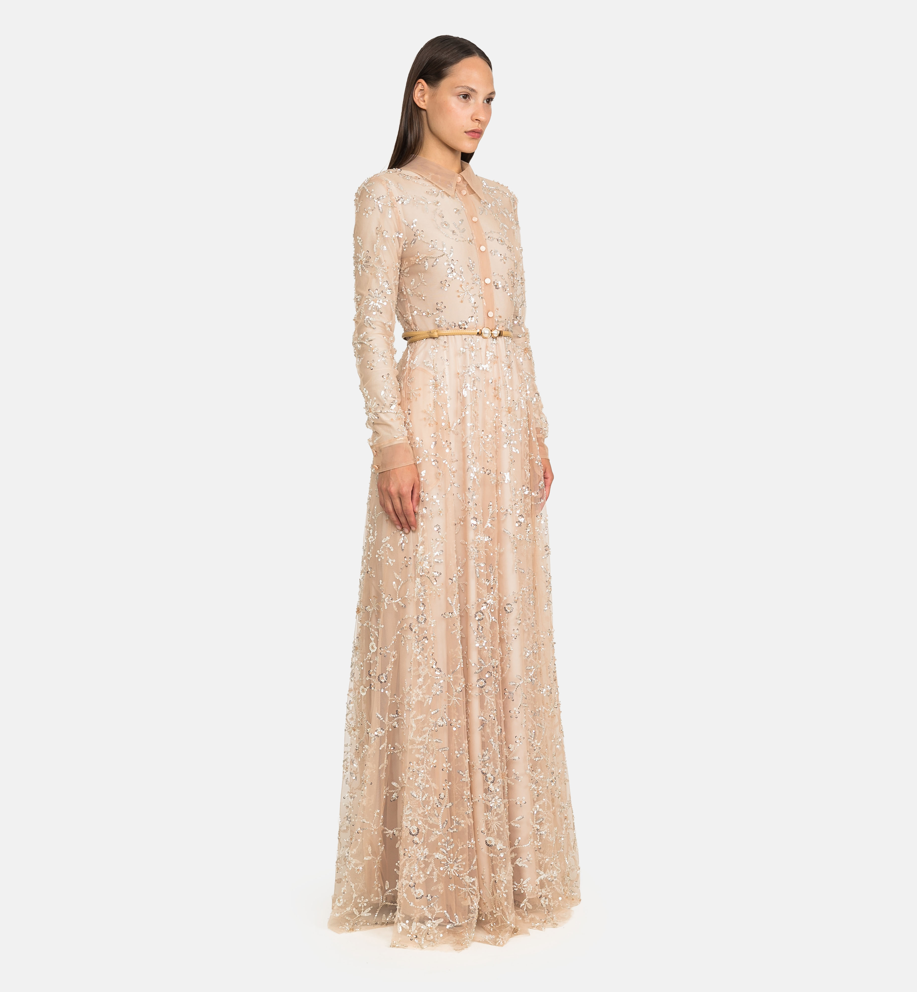 Buttoned tulle beaded maxi dress, beige