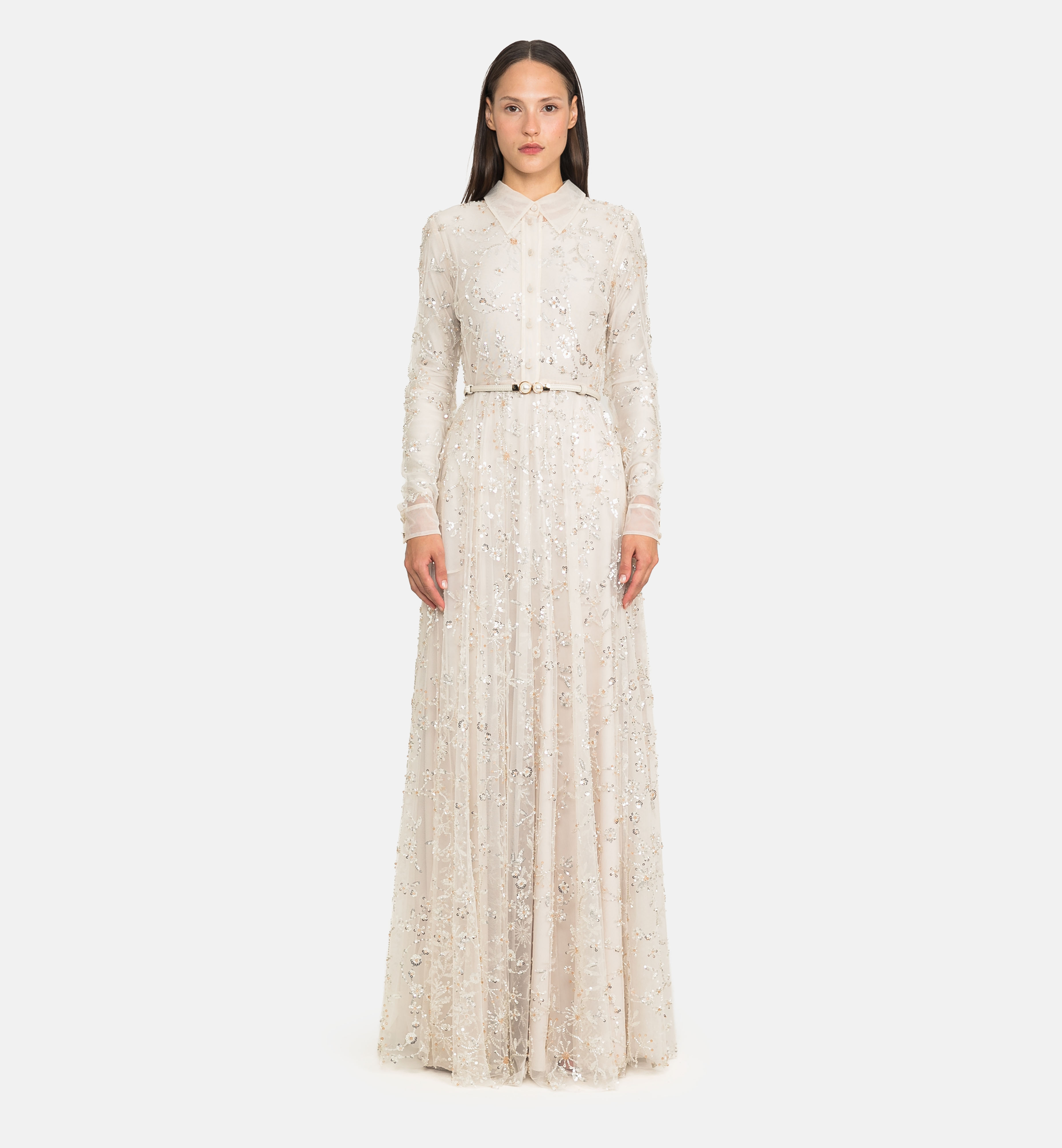 Buttoned tulle beaded maxi dress, off-white