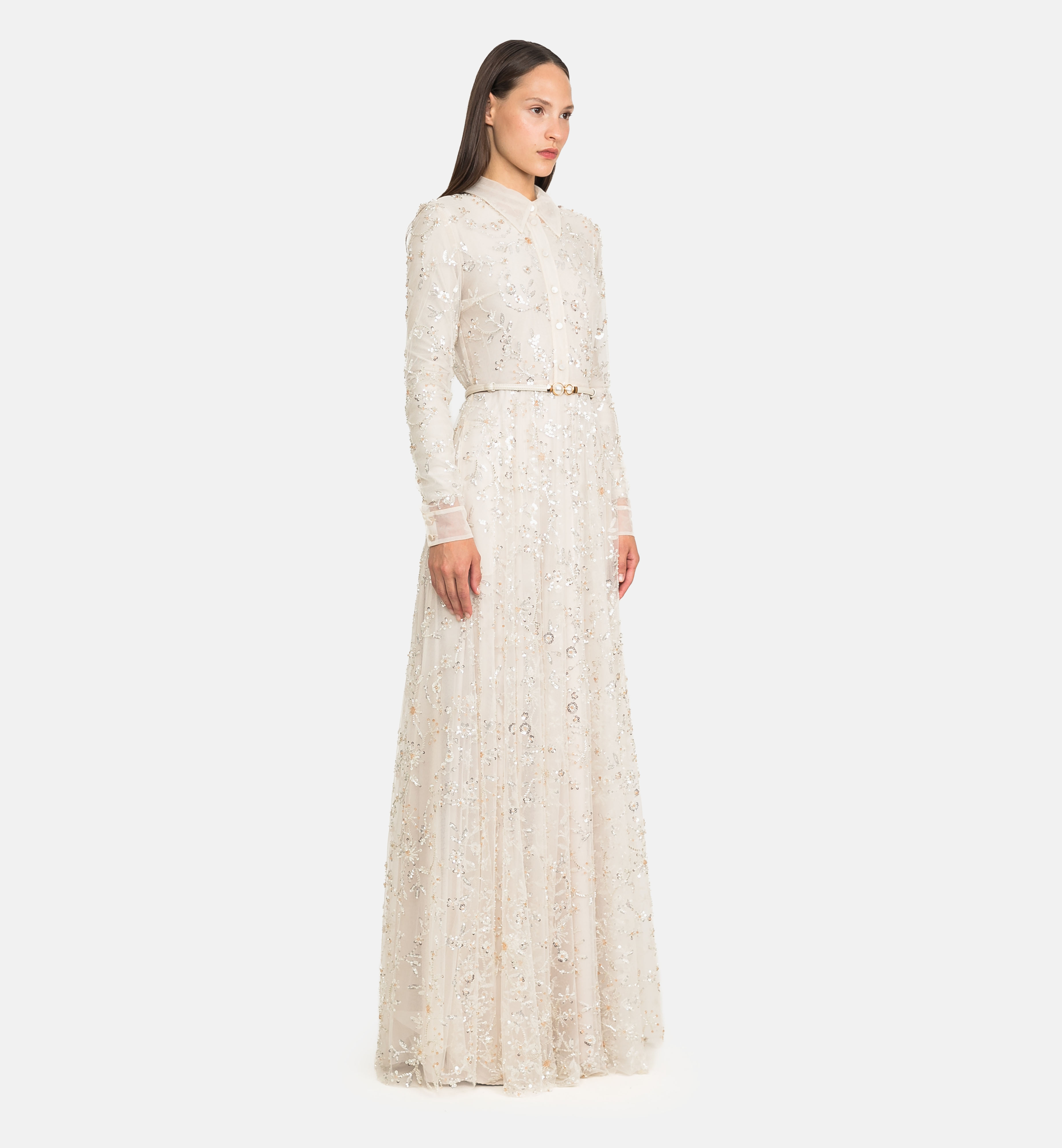 Buttoned tulle beaded maxi dress, off-white
