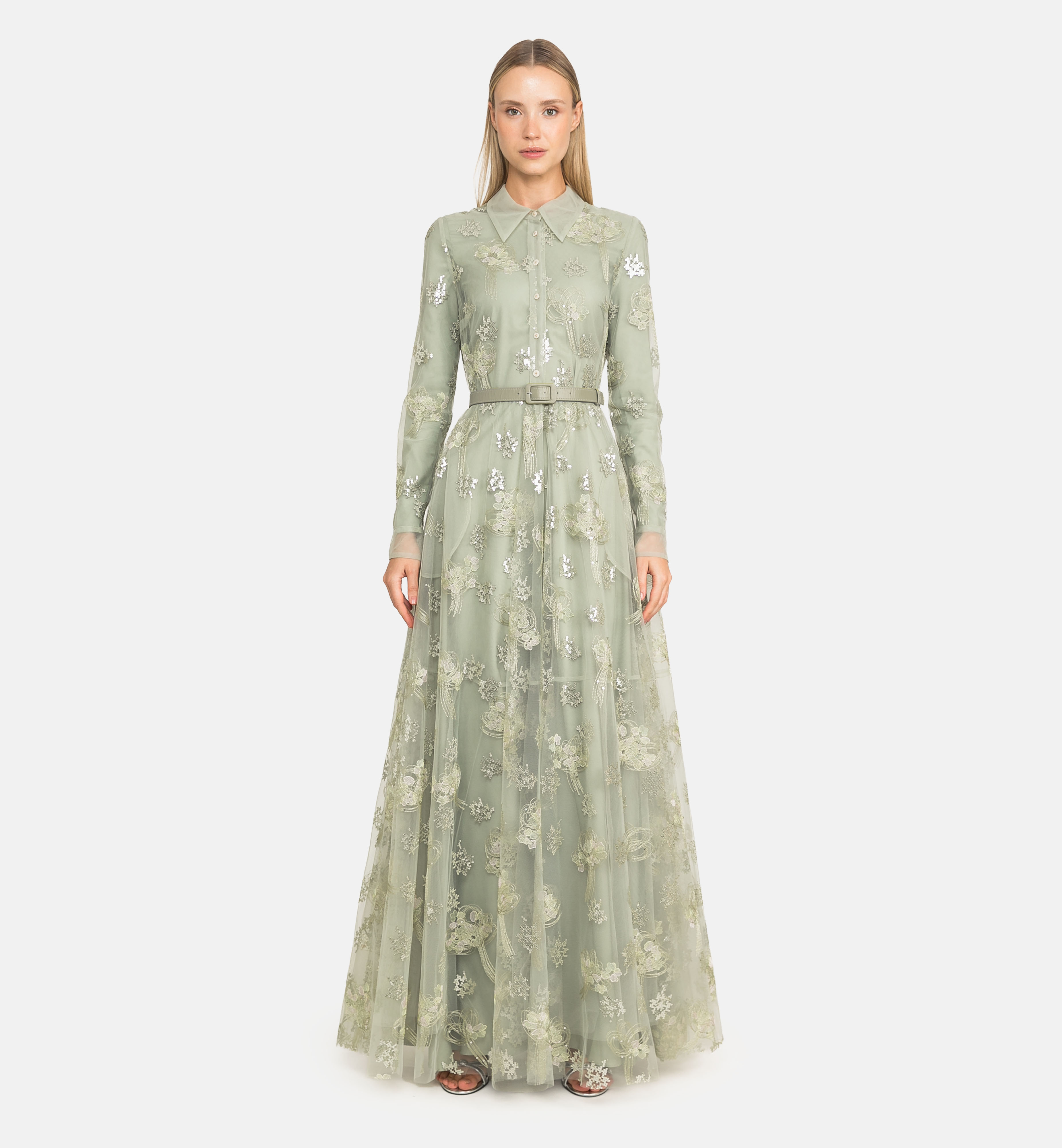 Buttoned embroidered tulle maxi dress, green