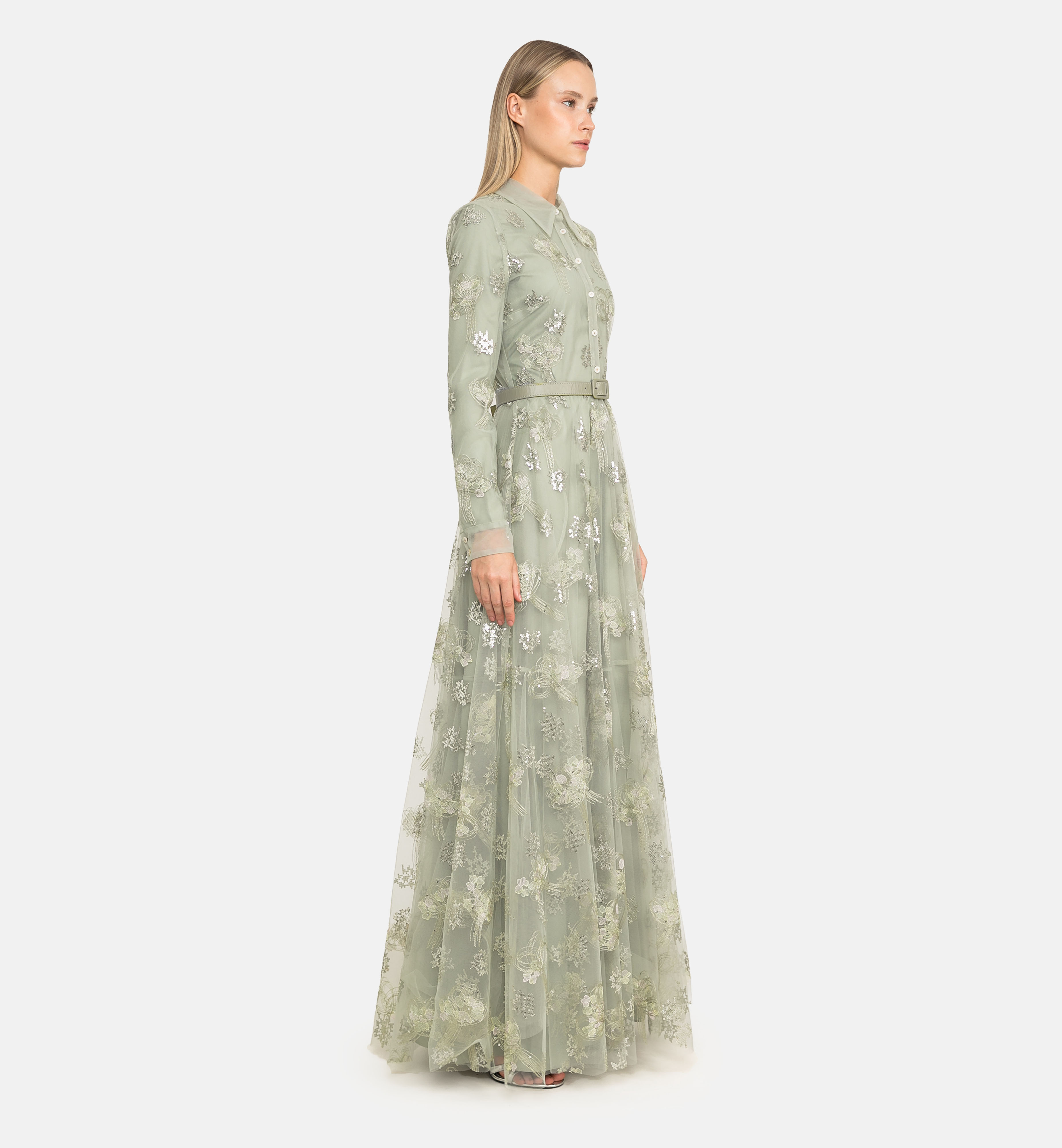 Buttoned embroidered tulle maxi dress, green