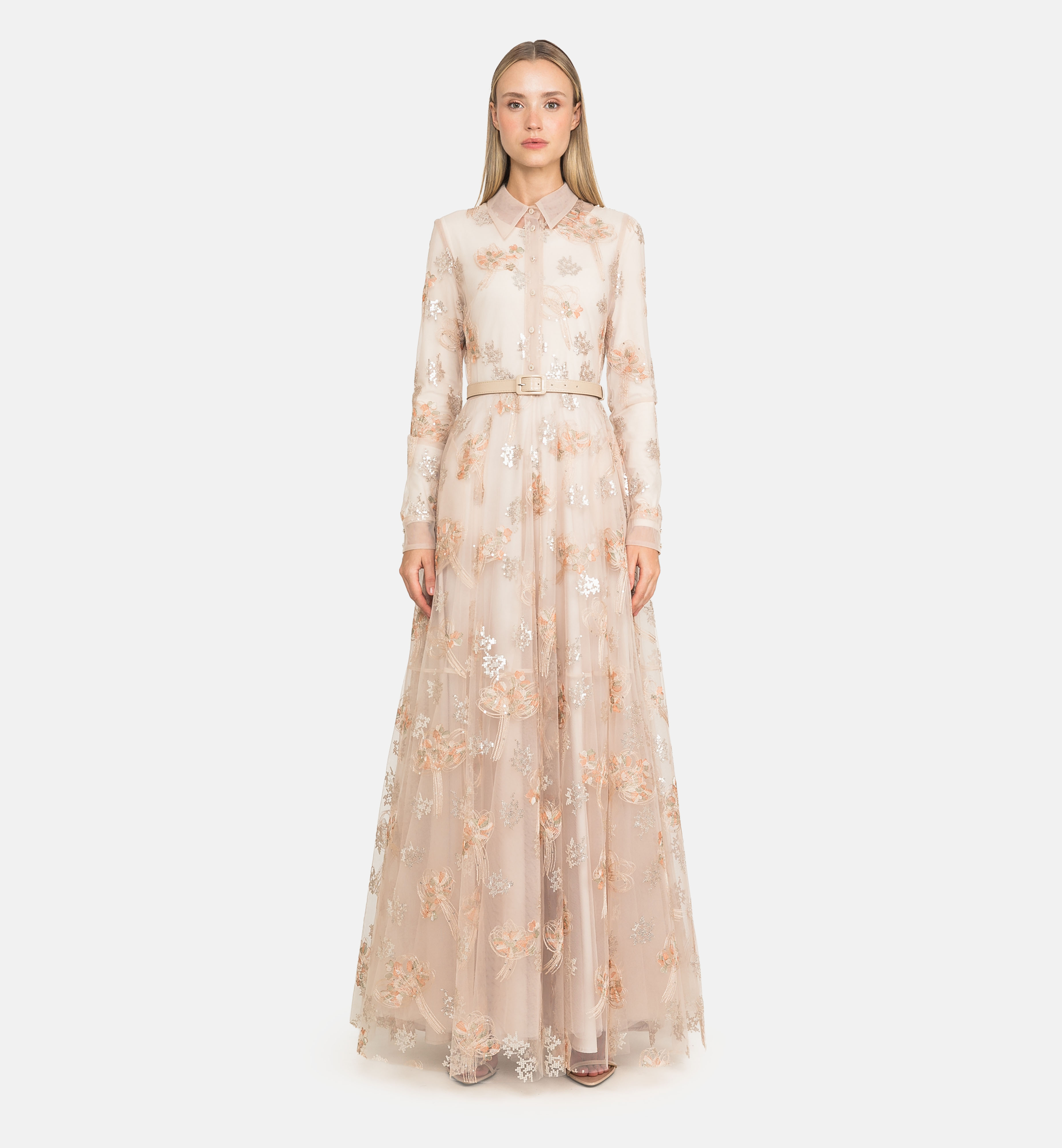 Buttoned embroidered tulle maxi dress, beige