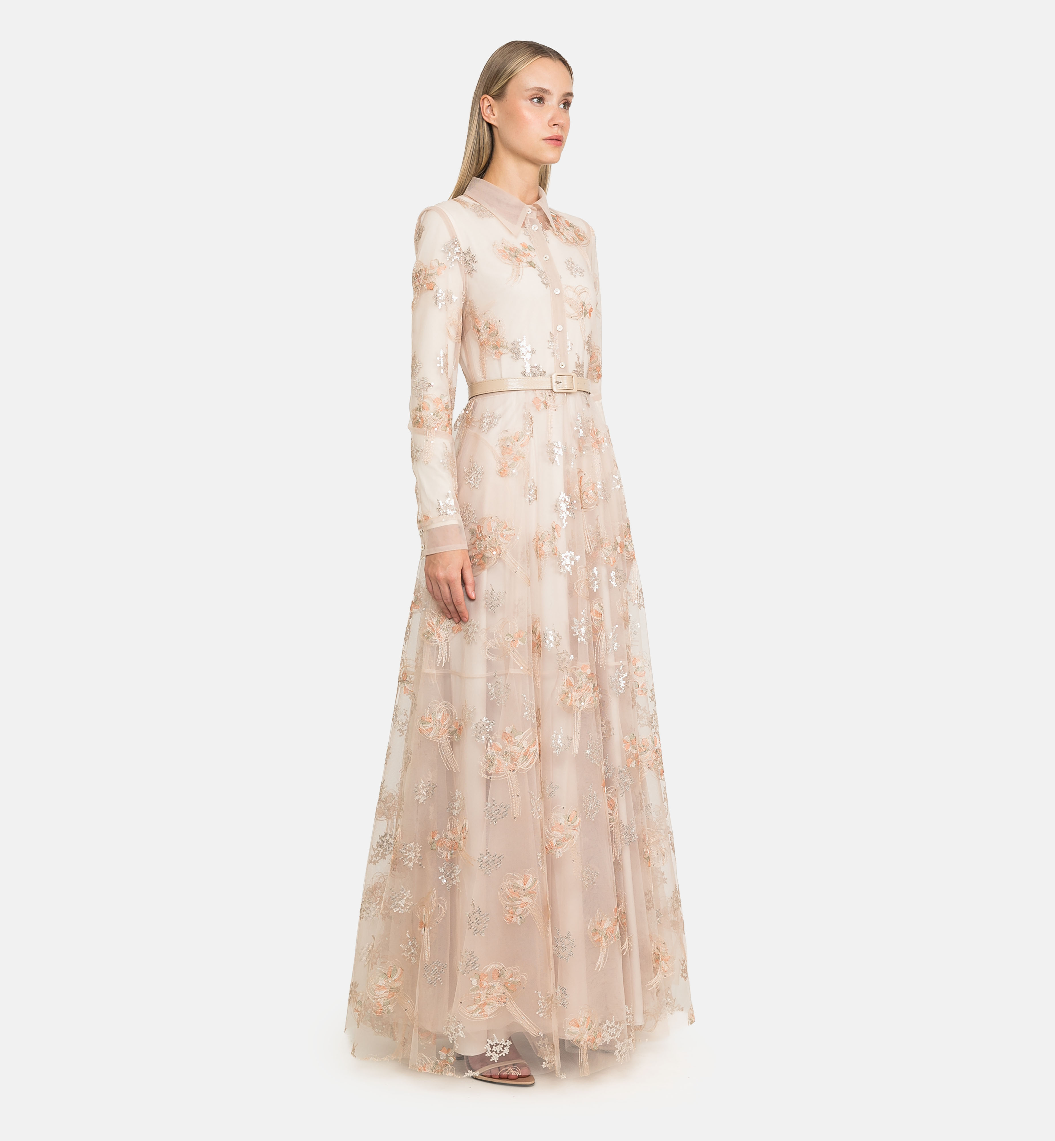 Buttoned embroidered tulle maxi dress, beige