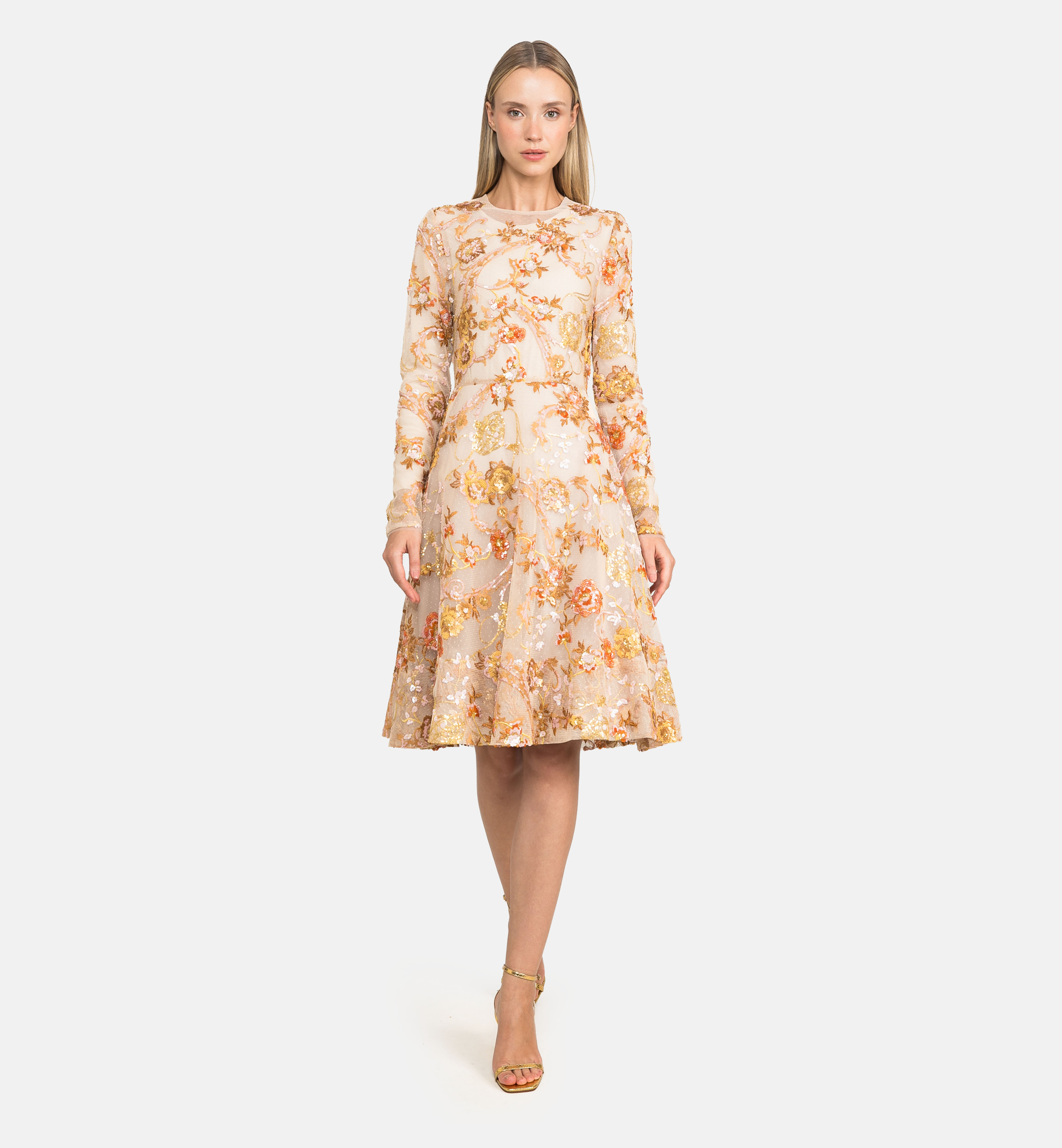 Embroidered tulle dress with sequins and flowers, beige