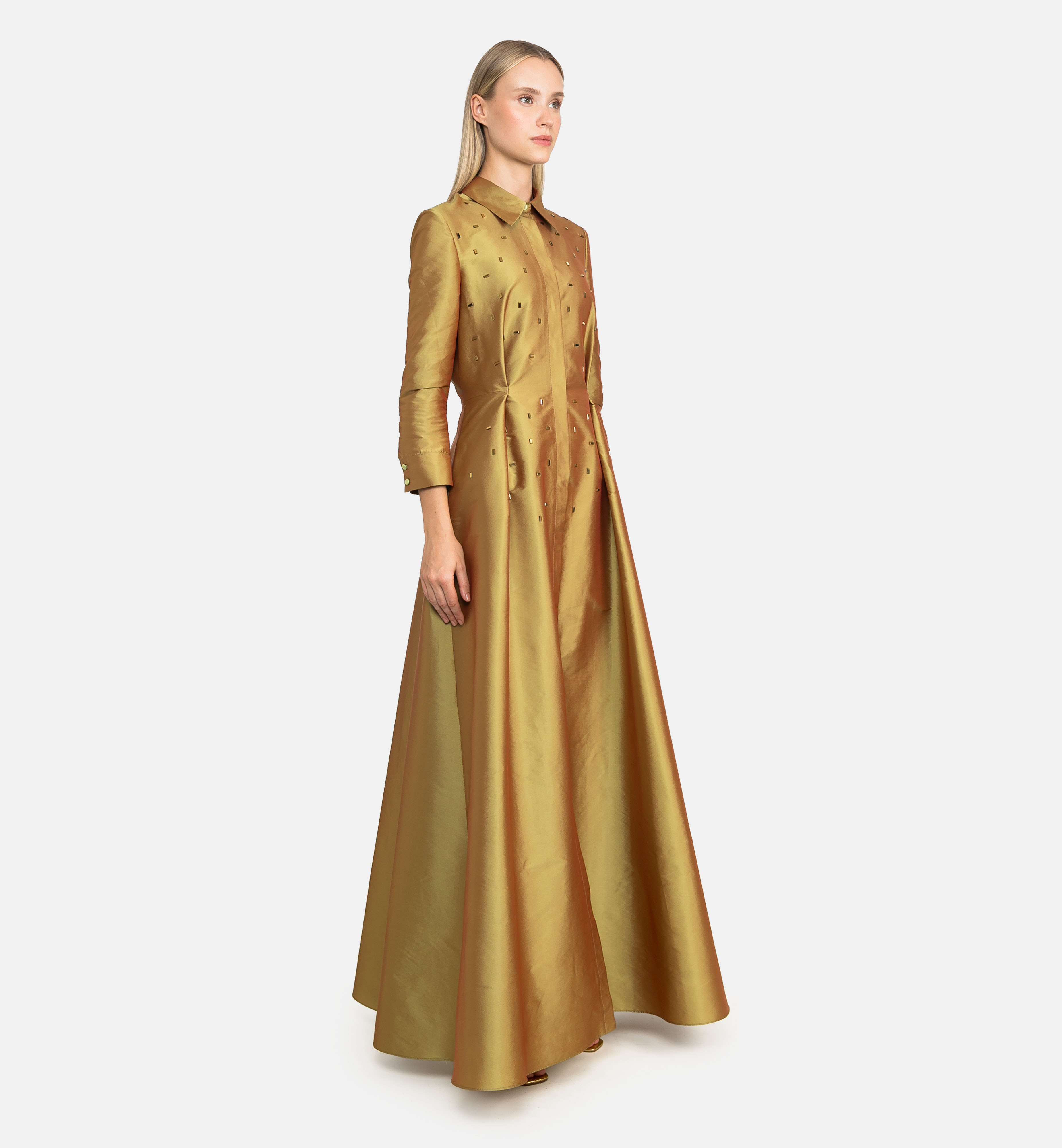 Buttoned Taffeta Dress with Crystal Details maxi, Gold