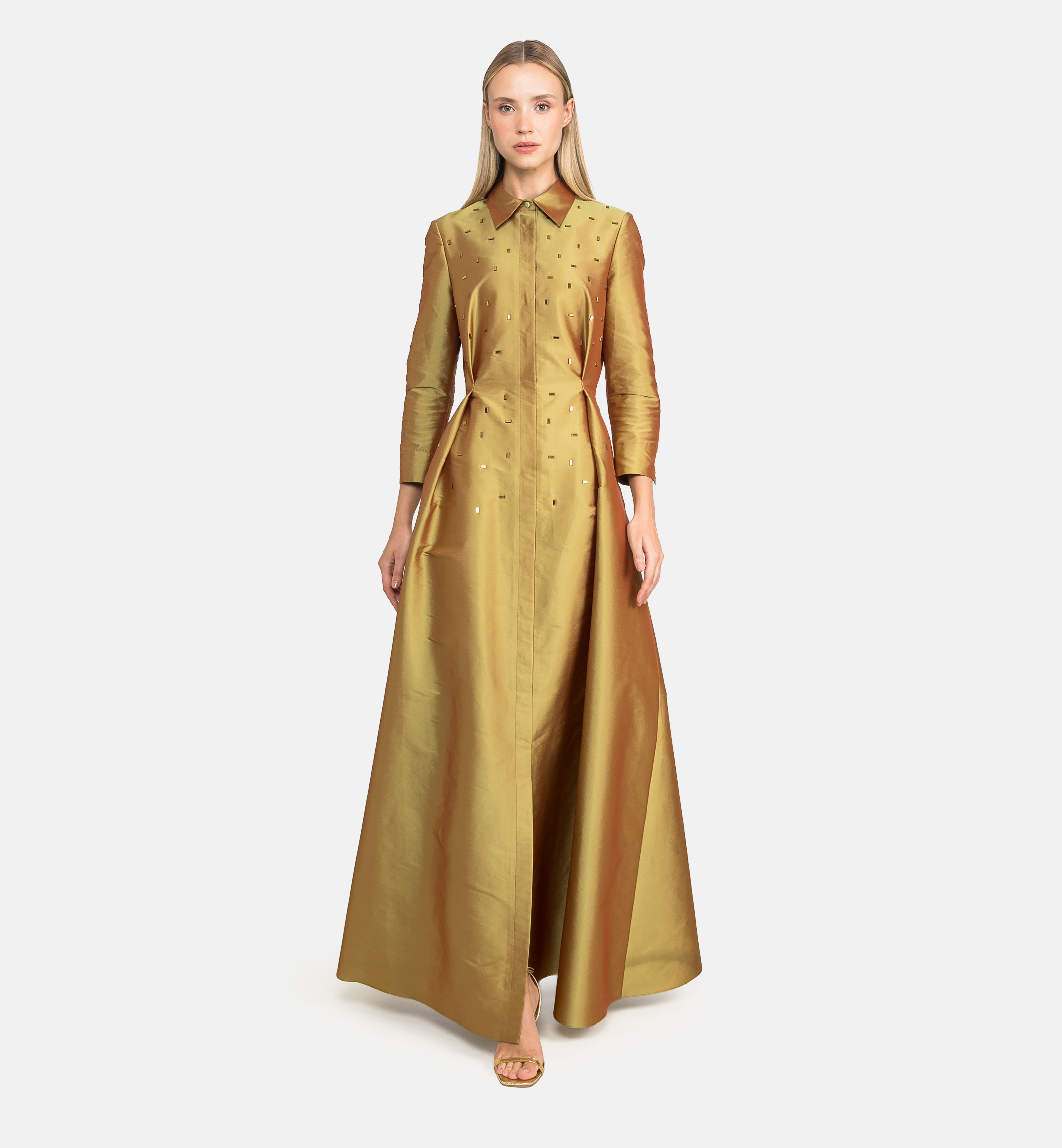 Buttoned Taffeta Dress with Crystal Details maxi, Gold