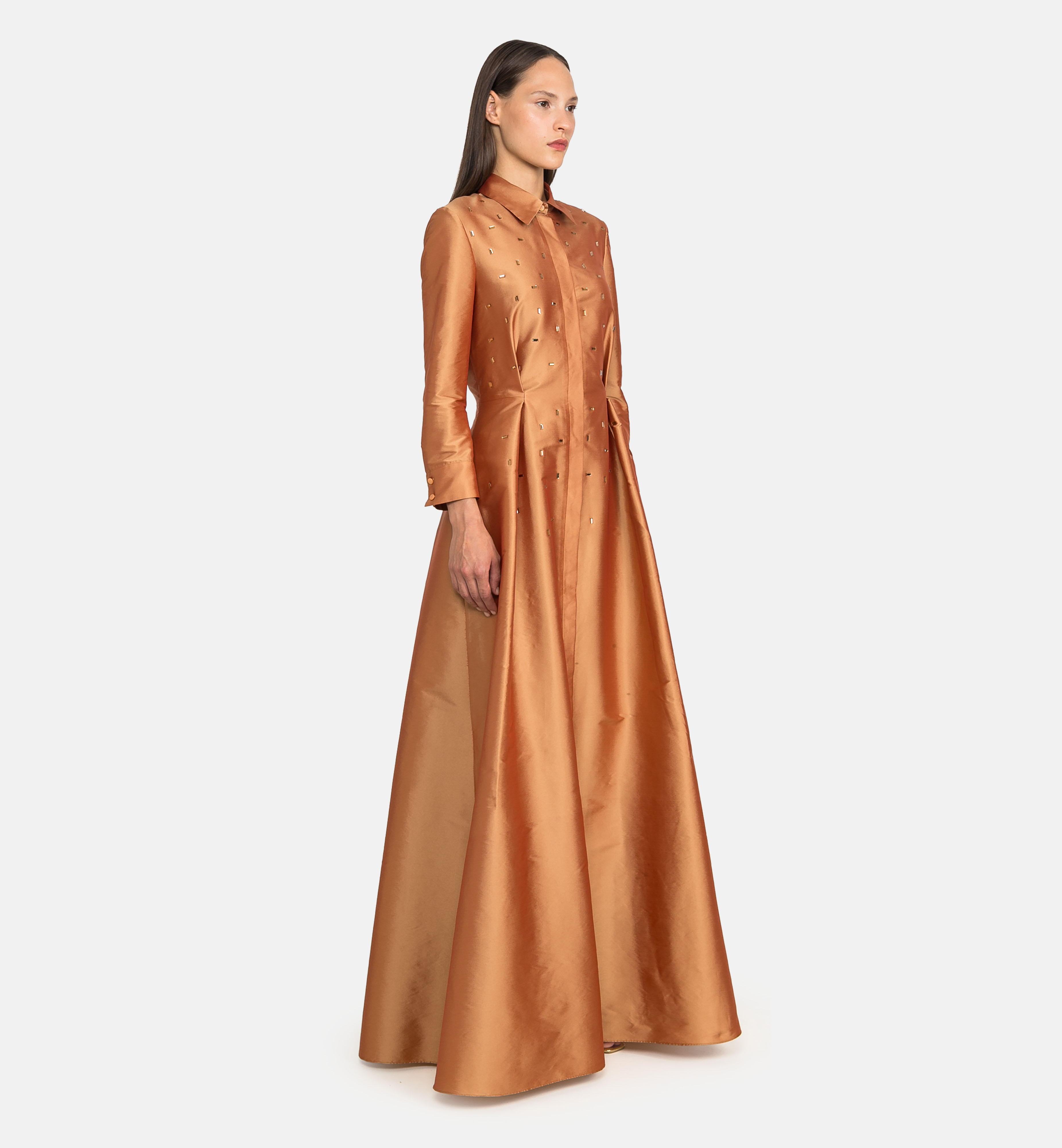 Buttoned Taffeta Dress with Crystal Details maxi, Bronze
