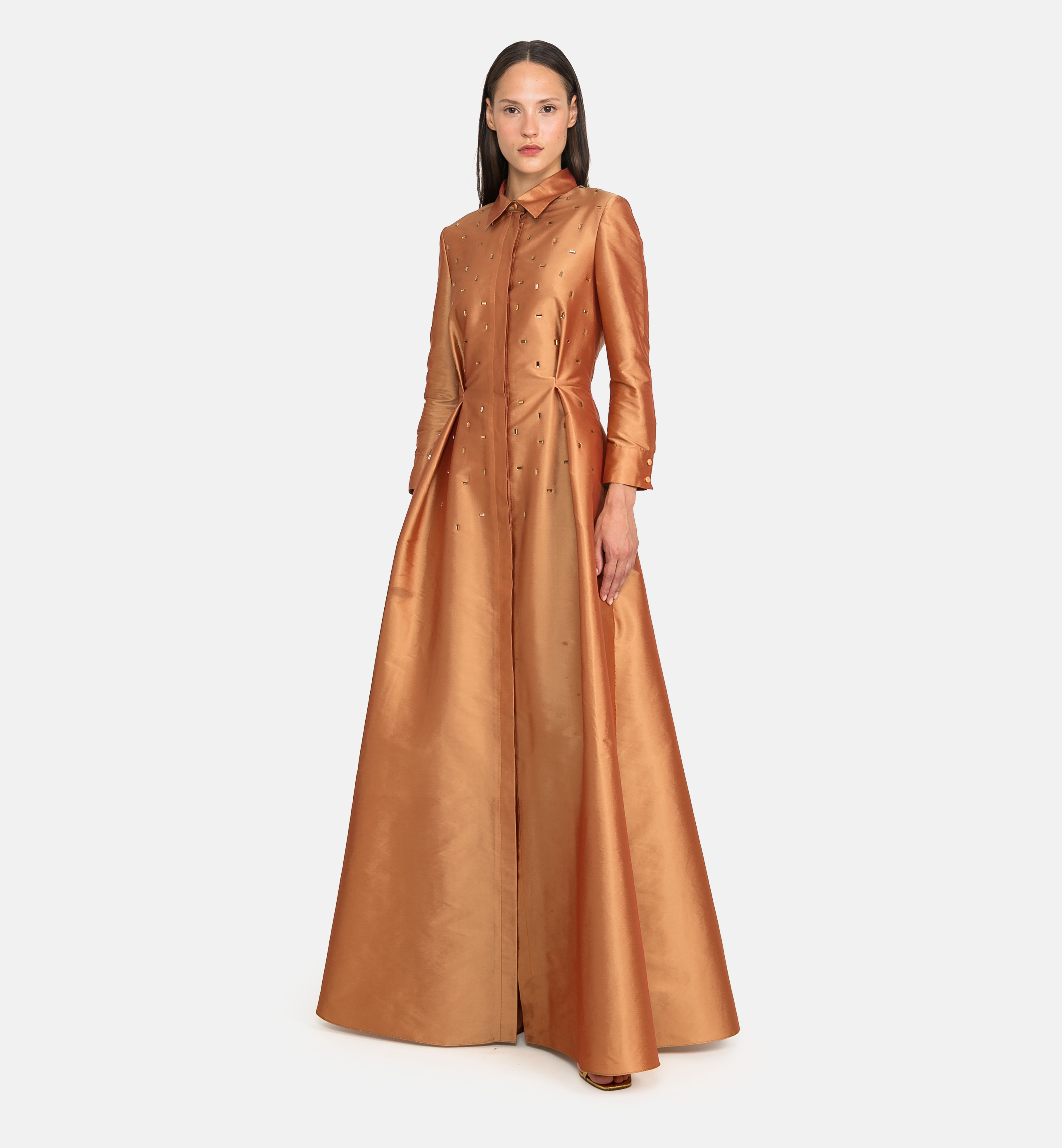 Buttoned Taffeta Dress with Crystal Details maxi, Bronze