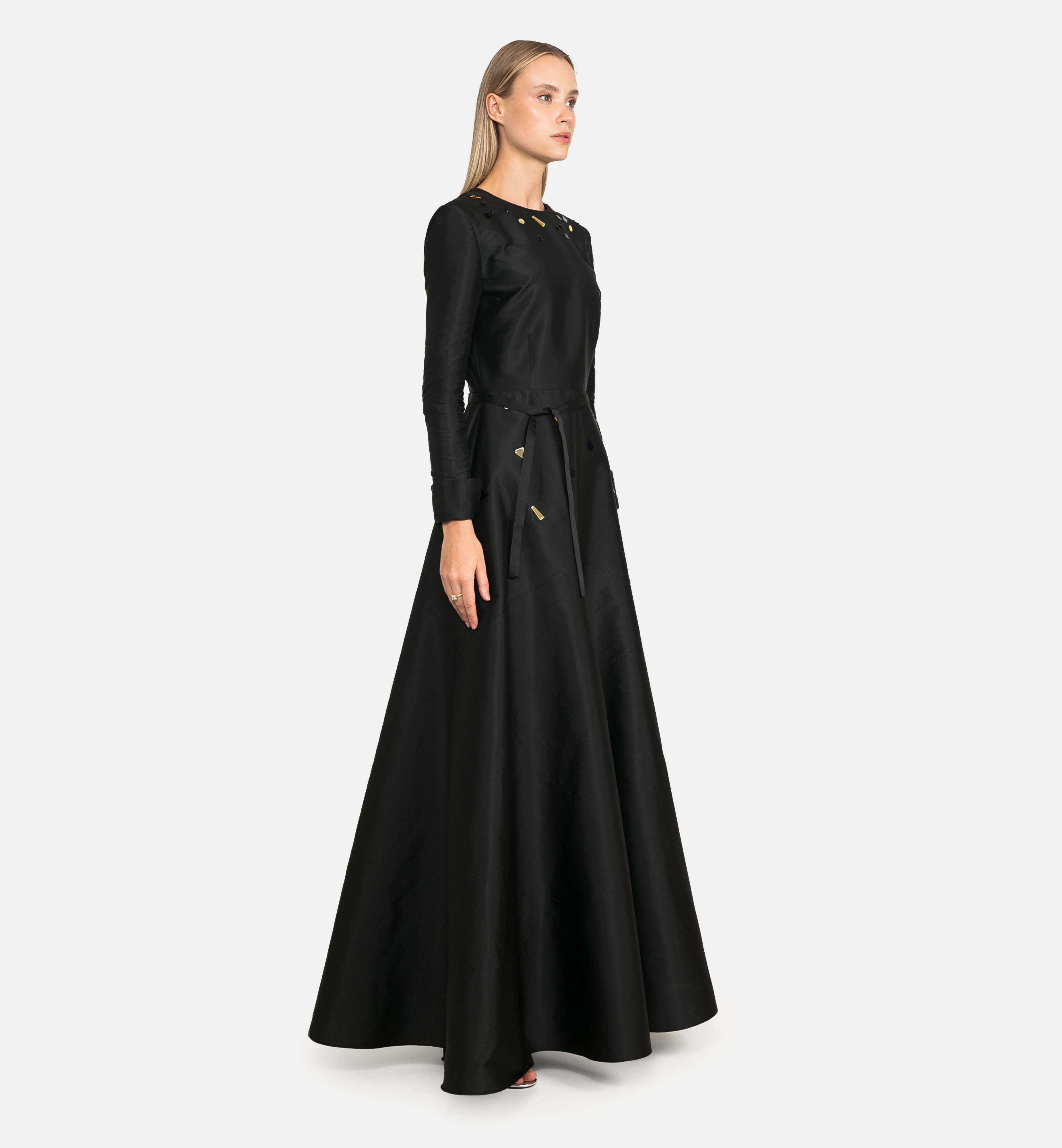 Taffeta maxi dress with geometric embellishments, black