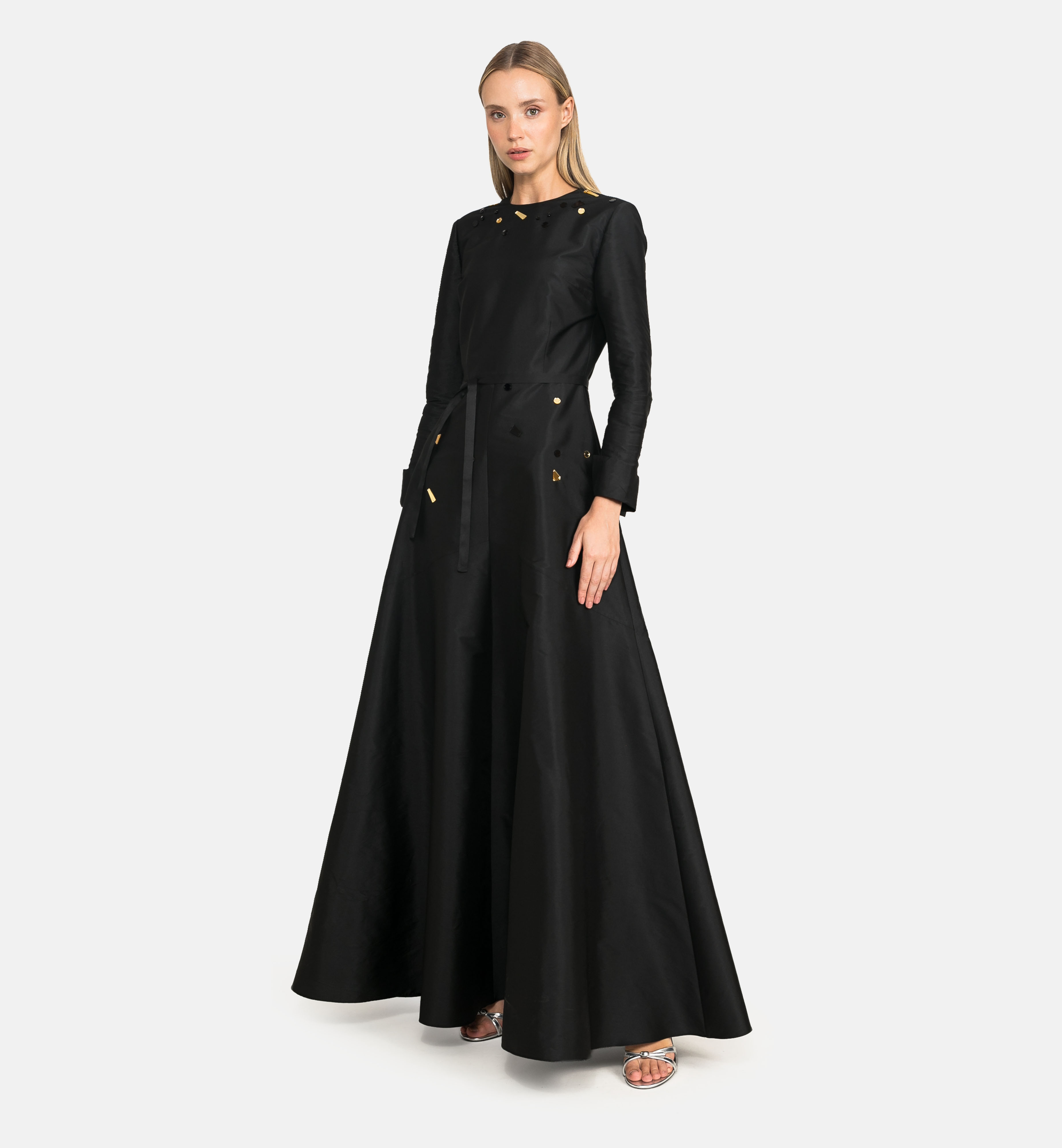Taffeta maxi dress with geometric embellishments, black