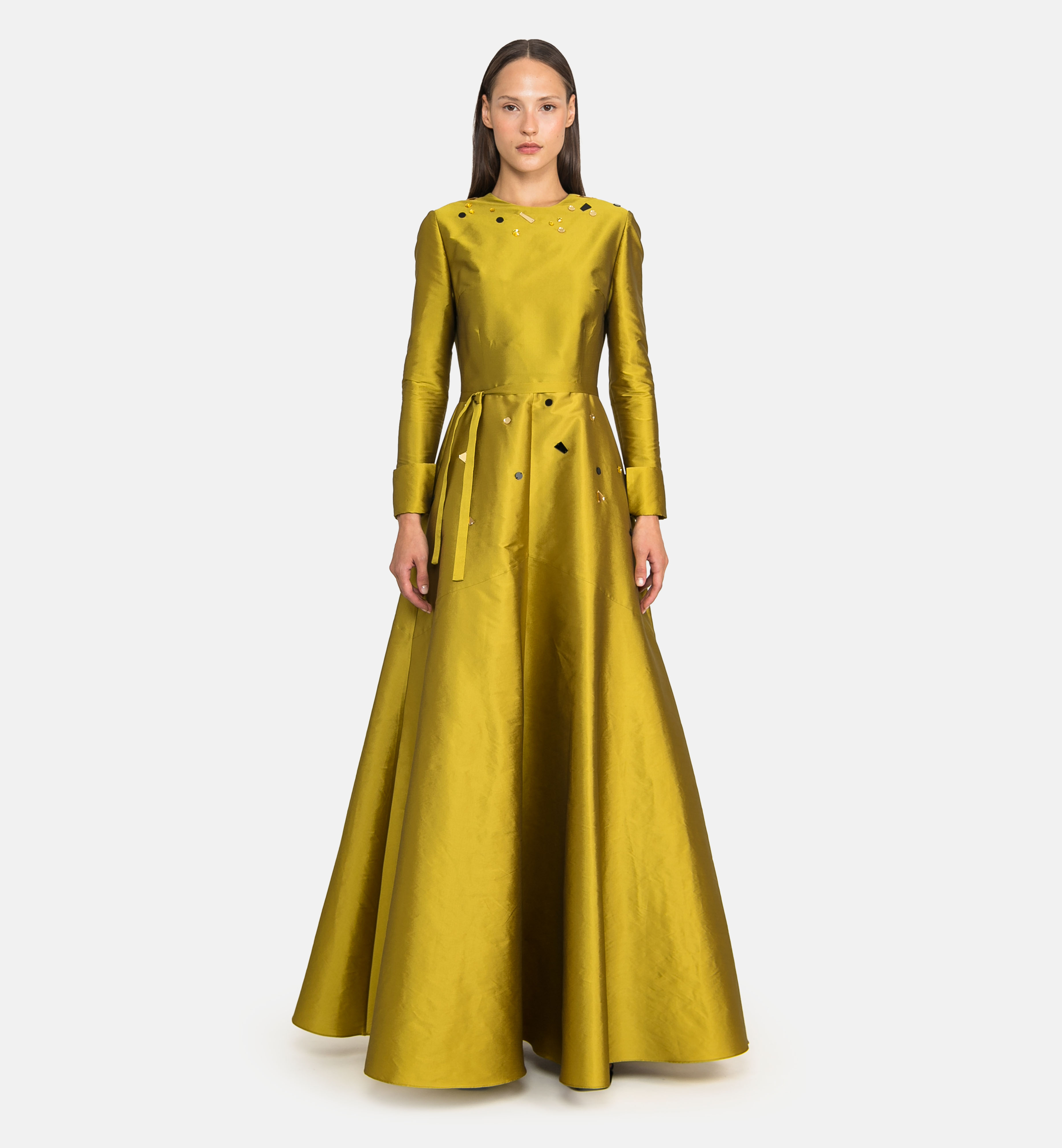 Taffeta maxi dress with geometric embellishments, gold