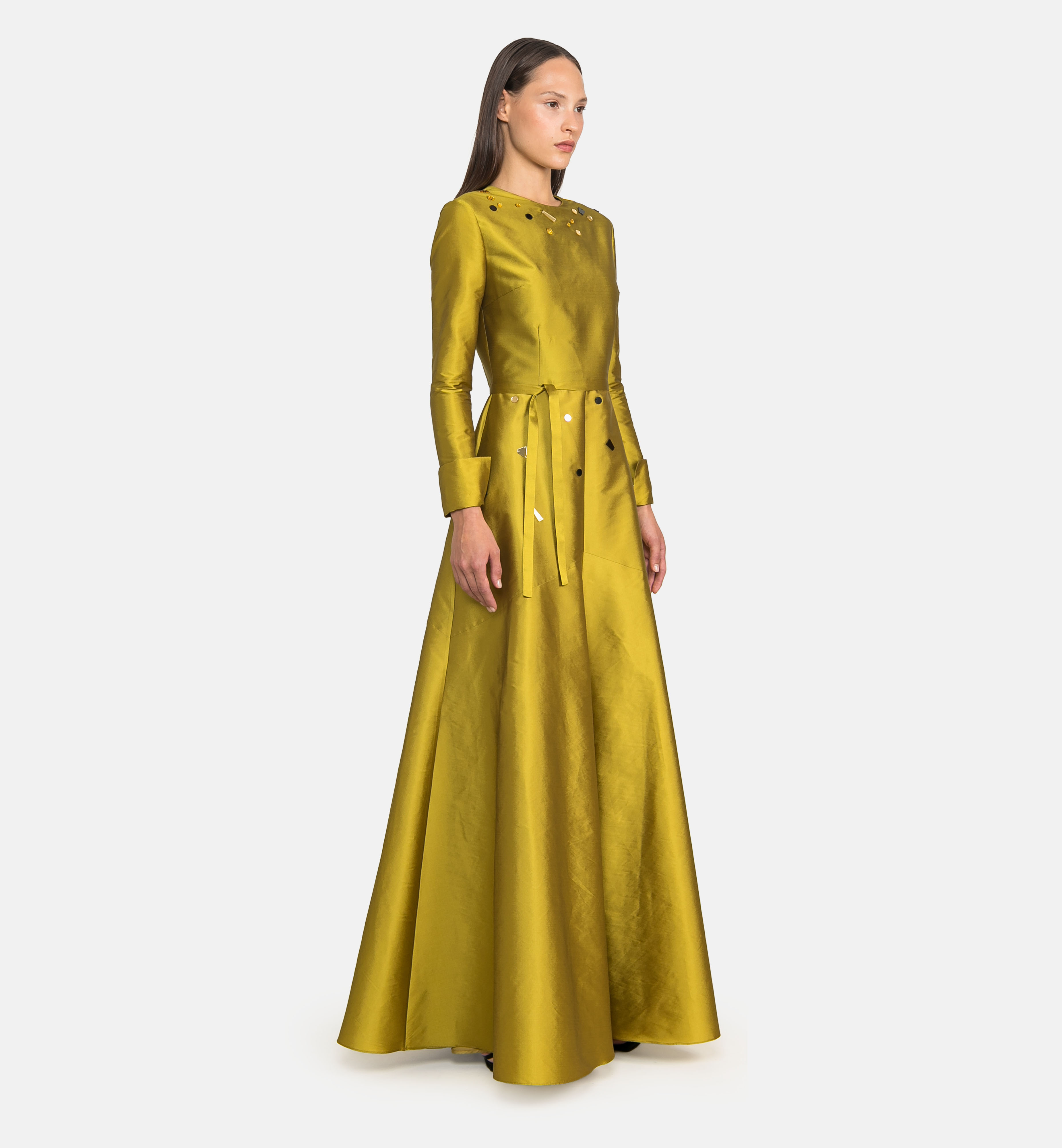 Taffeta maxi dress with geometric embellishments, gold