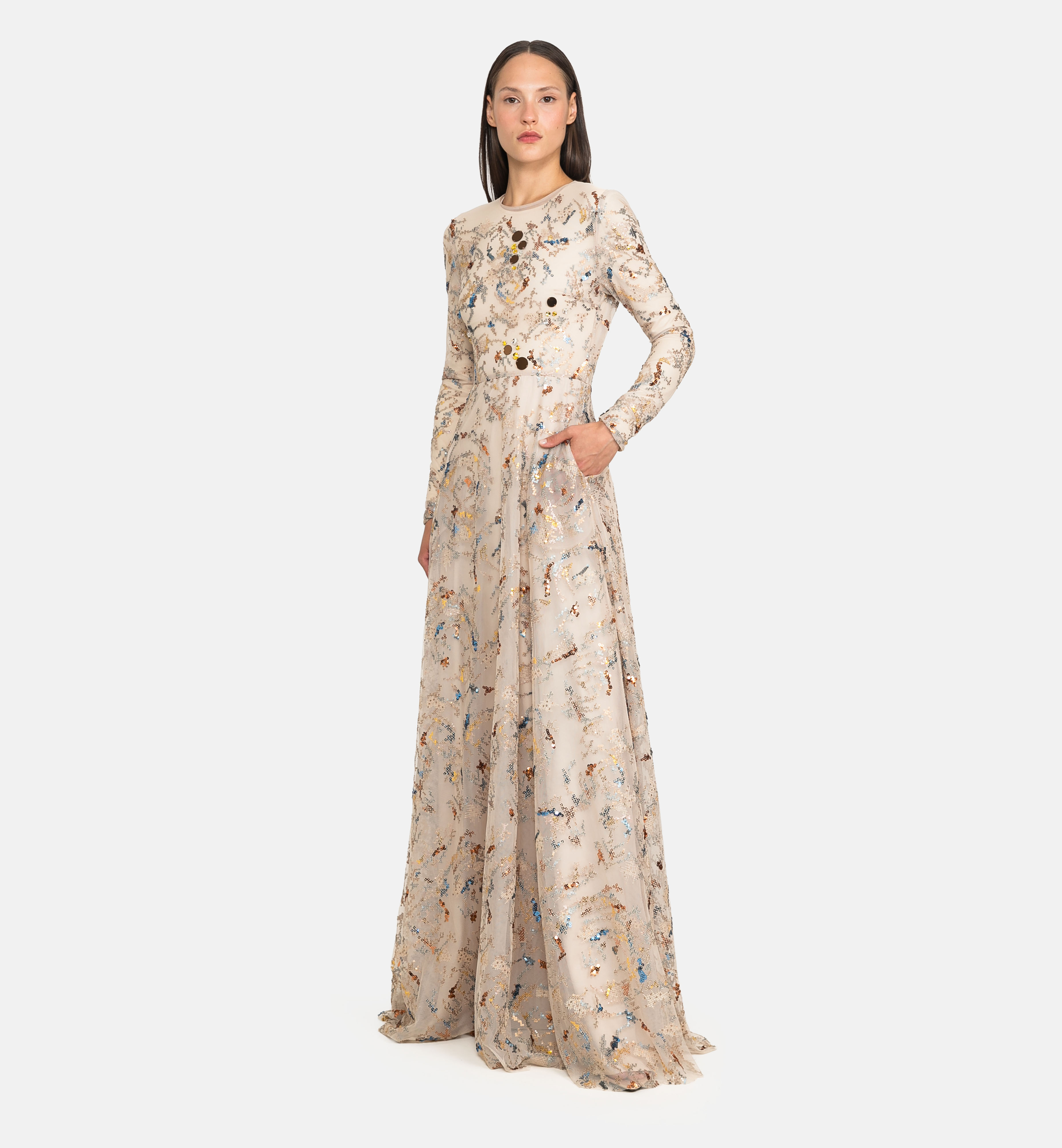 Tulle sequin maxi dress, beige
