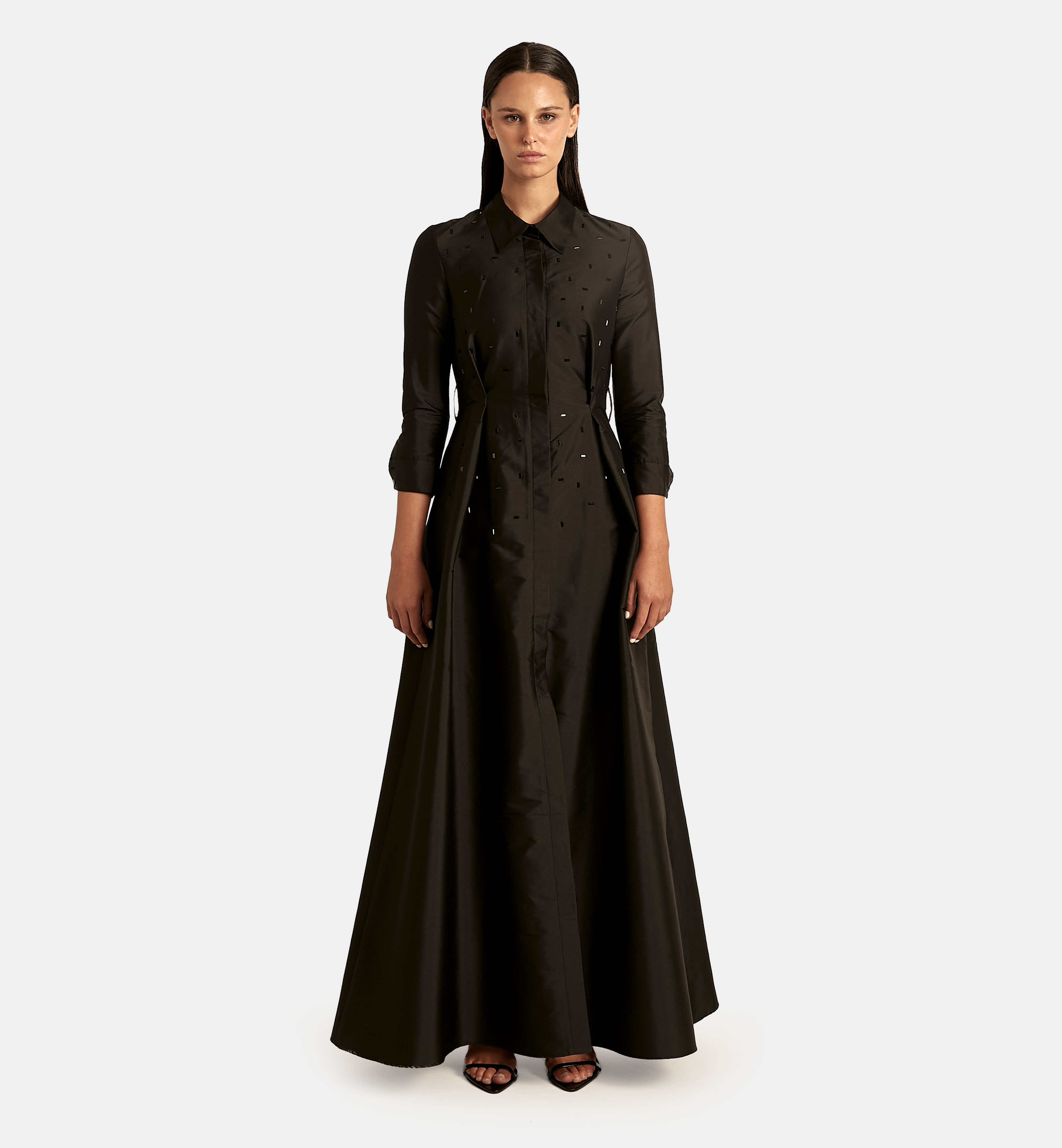 Buttoned Taffeta Dress with Crystal Details maxi, Black