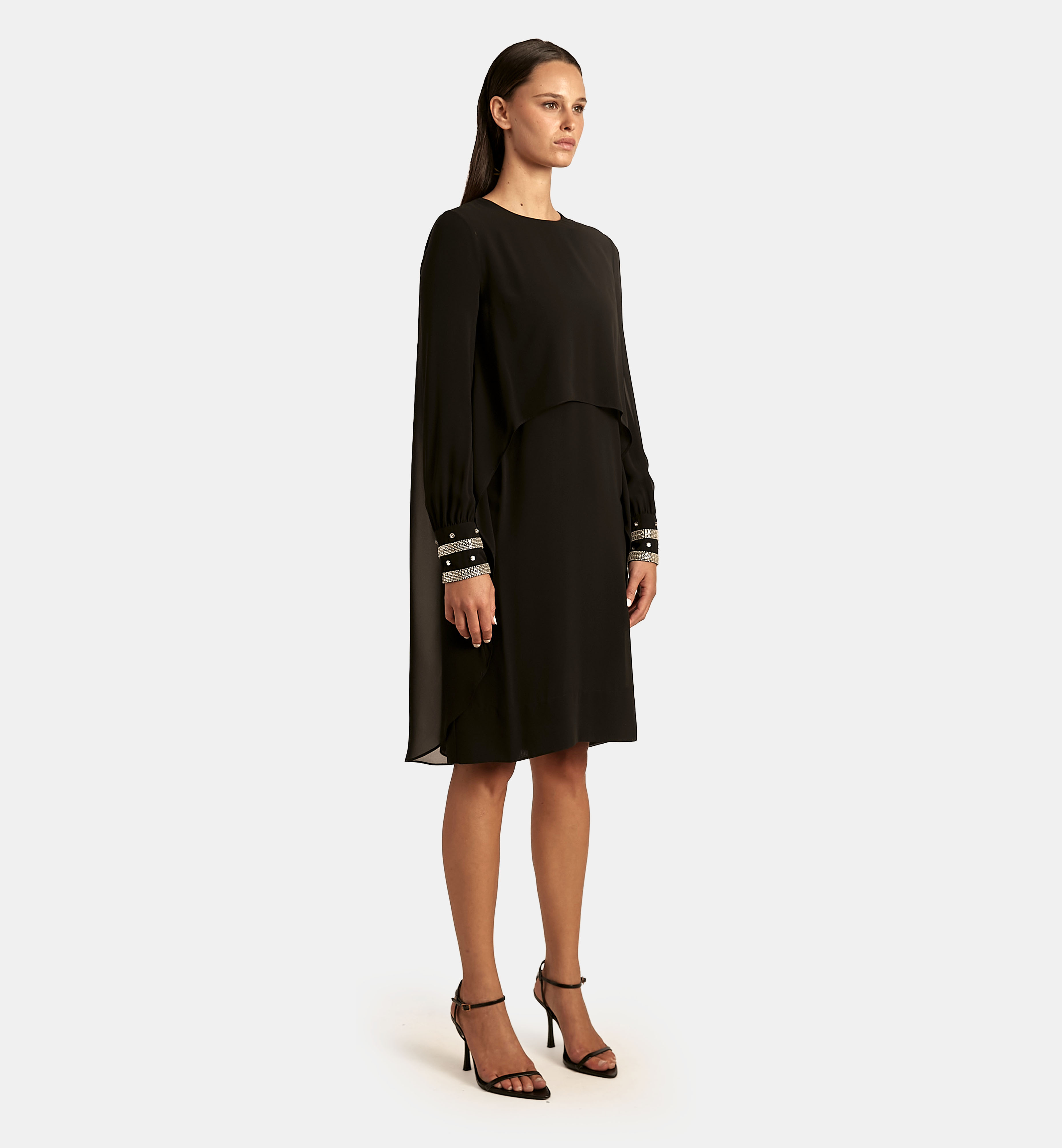 Chiffon Cape Dress with Embellished Sleeves, Black