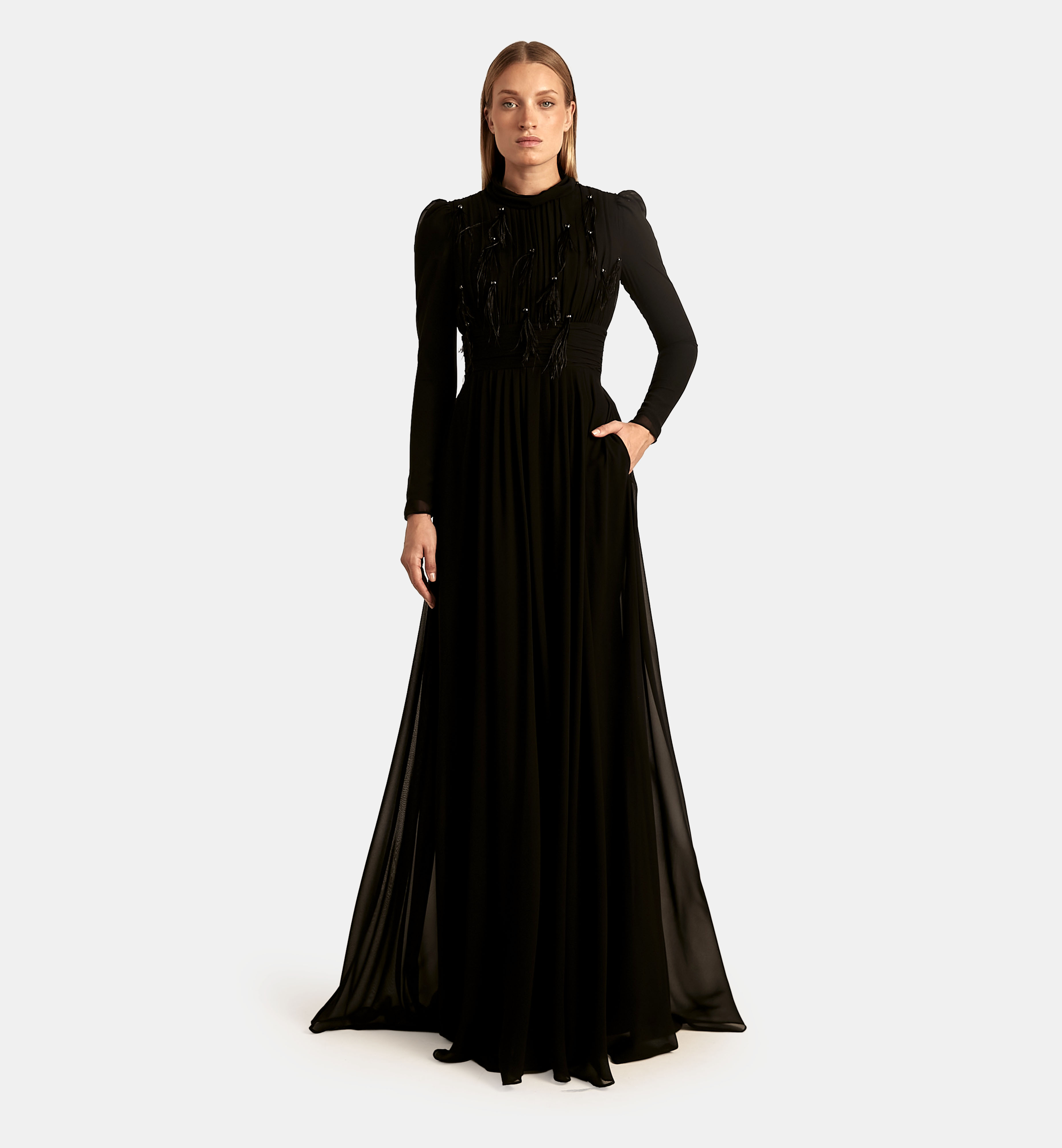 Chiffon Dress with Crystals and Feathers maxi, Powder