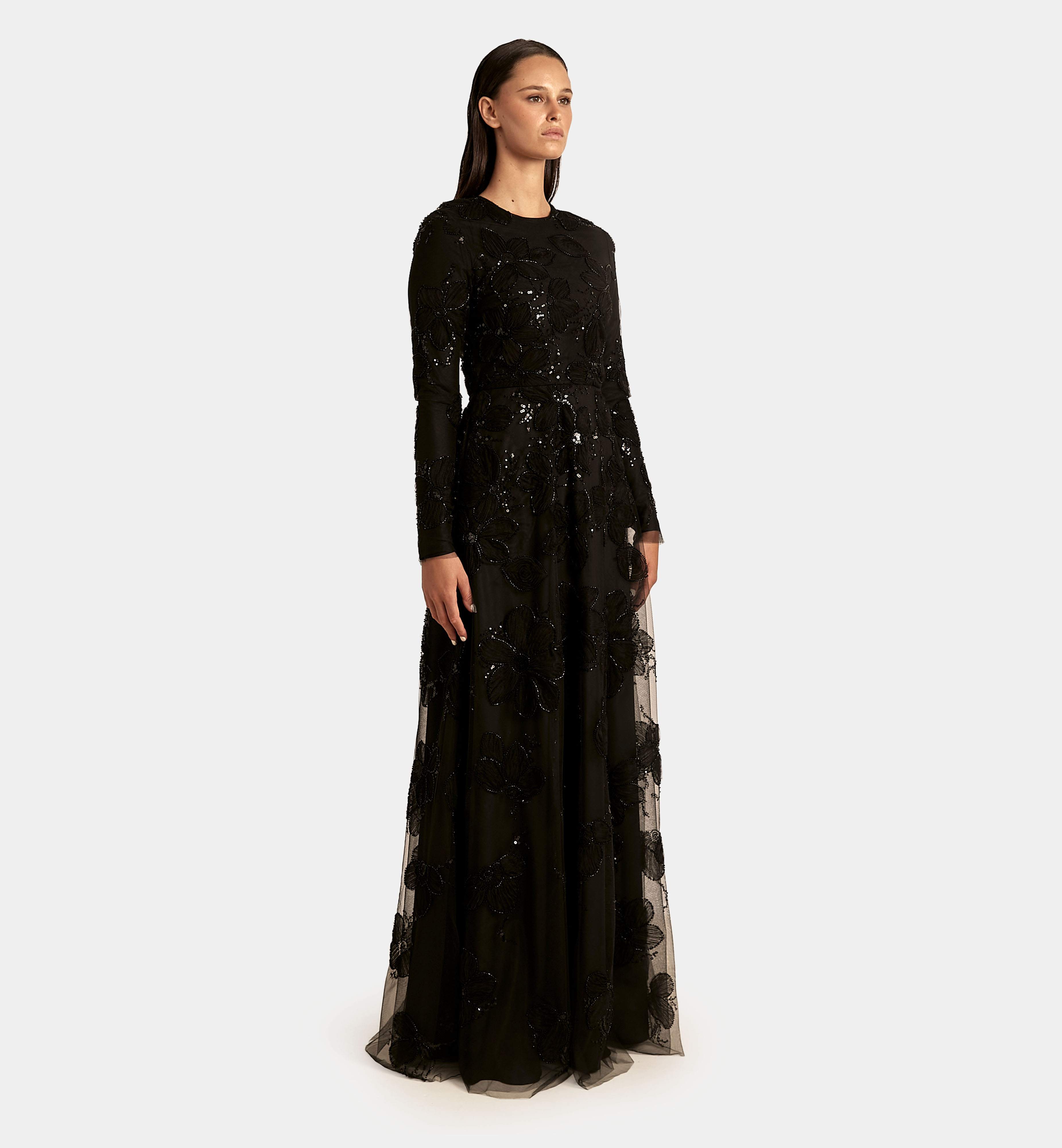Tulle Dress with Floral Fabric Folds maxi, Black