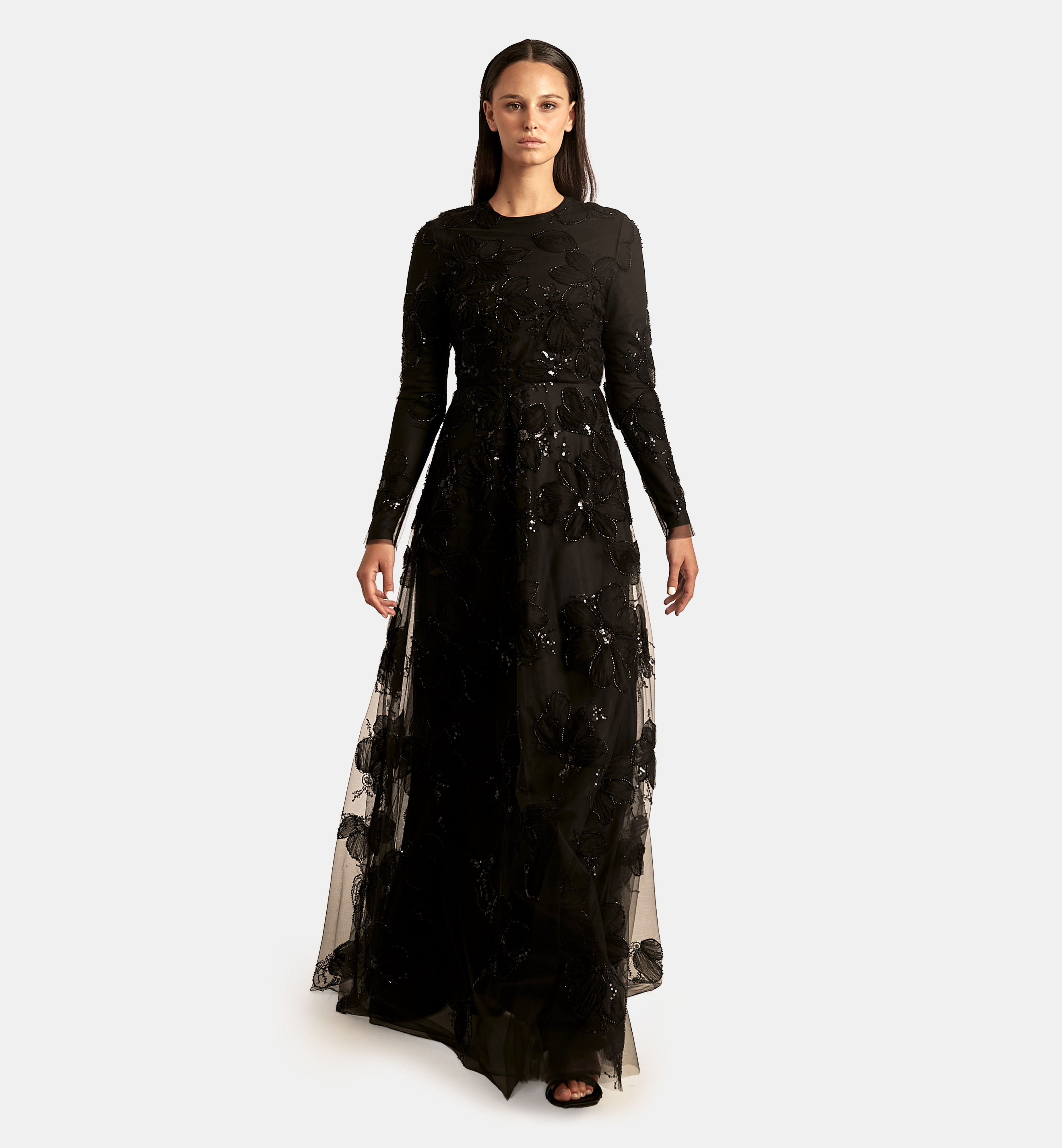 Tulle Dress with Floral Fabric Folds maxi, Black