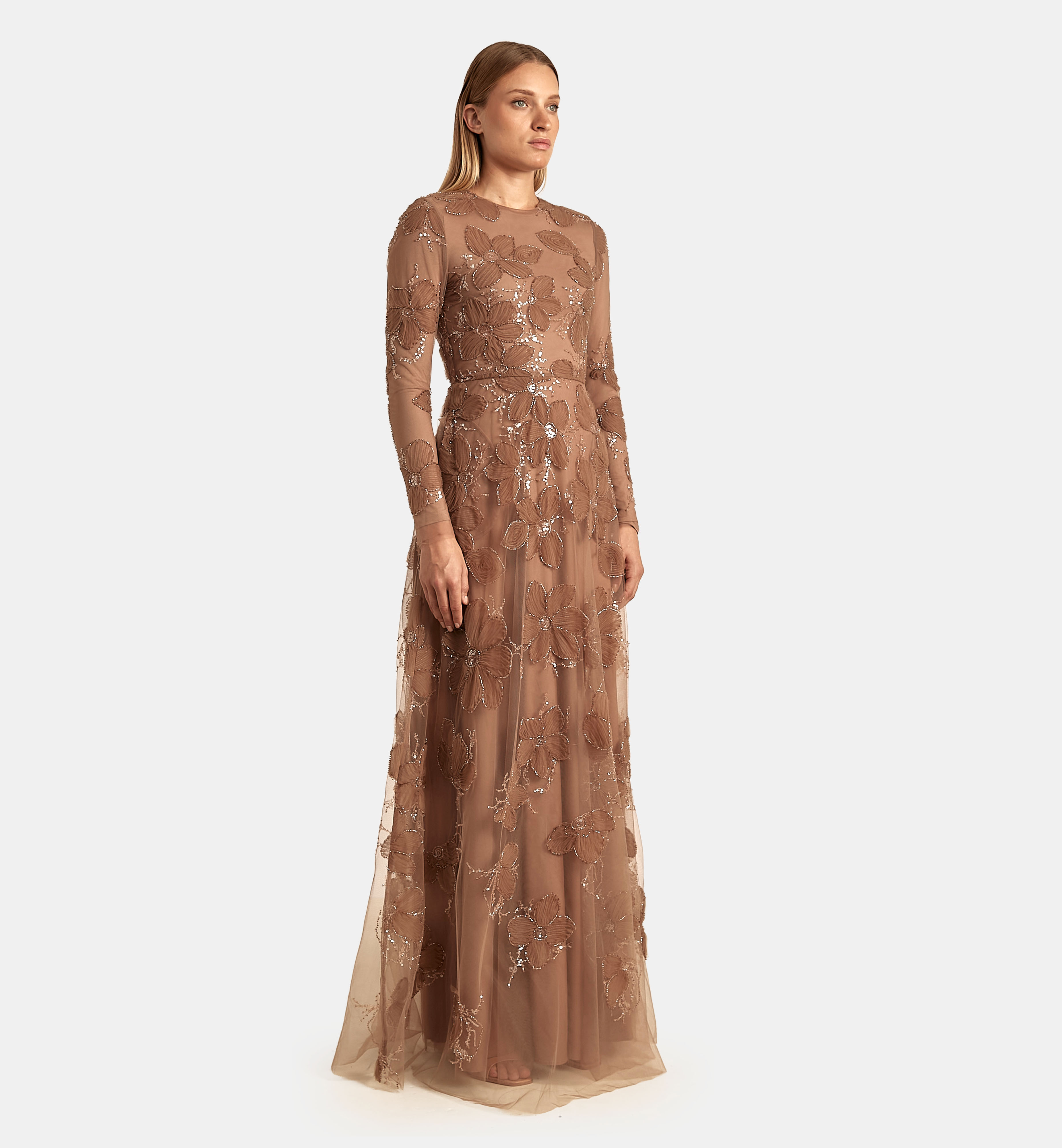 Tulle Dress with Floral Fabric Folds maxi, Brown