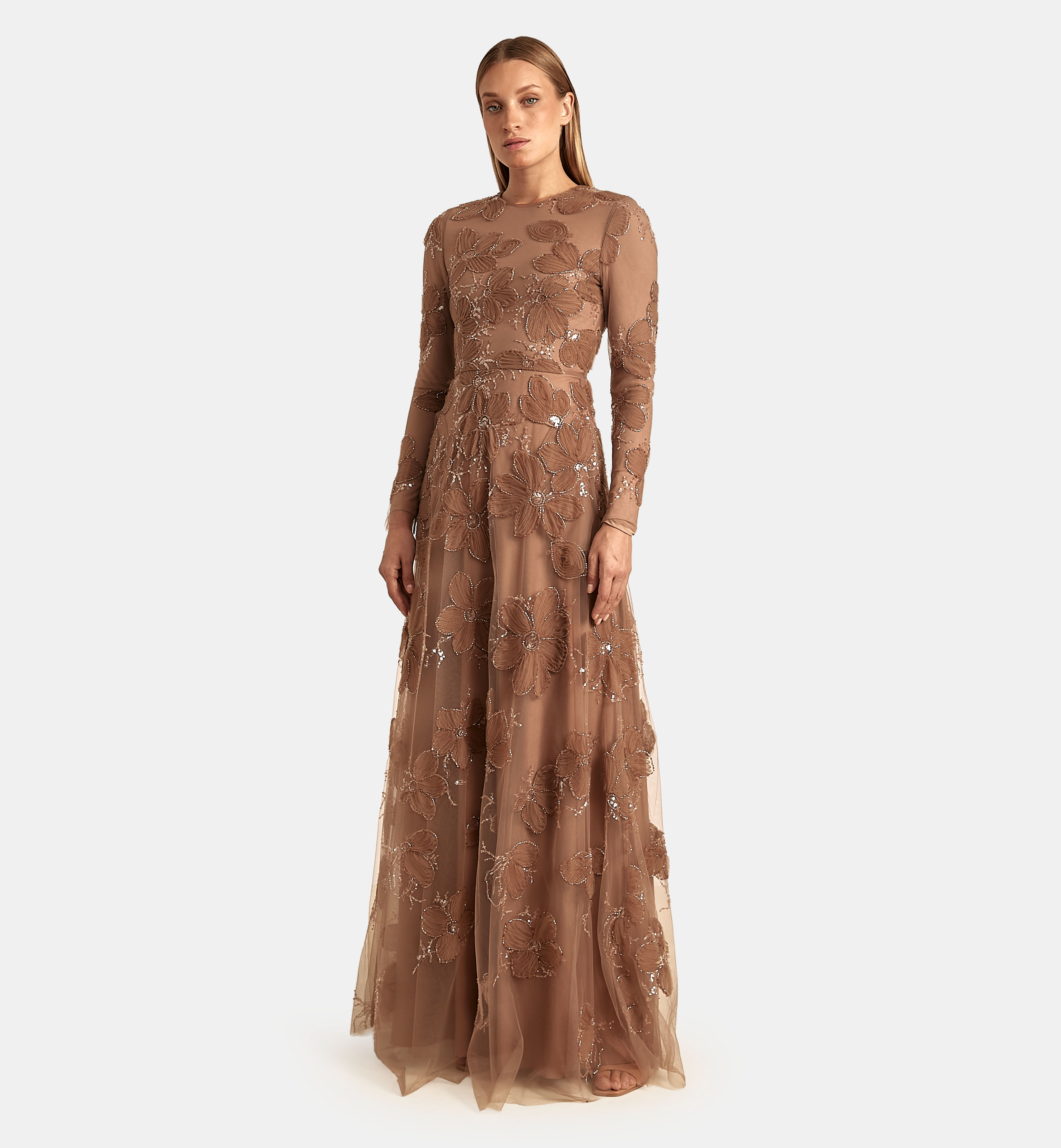 Tulle Dress with Floral Fabric Folds maxi, Brown