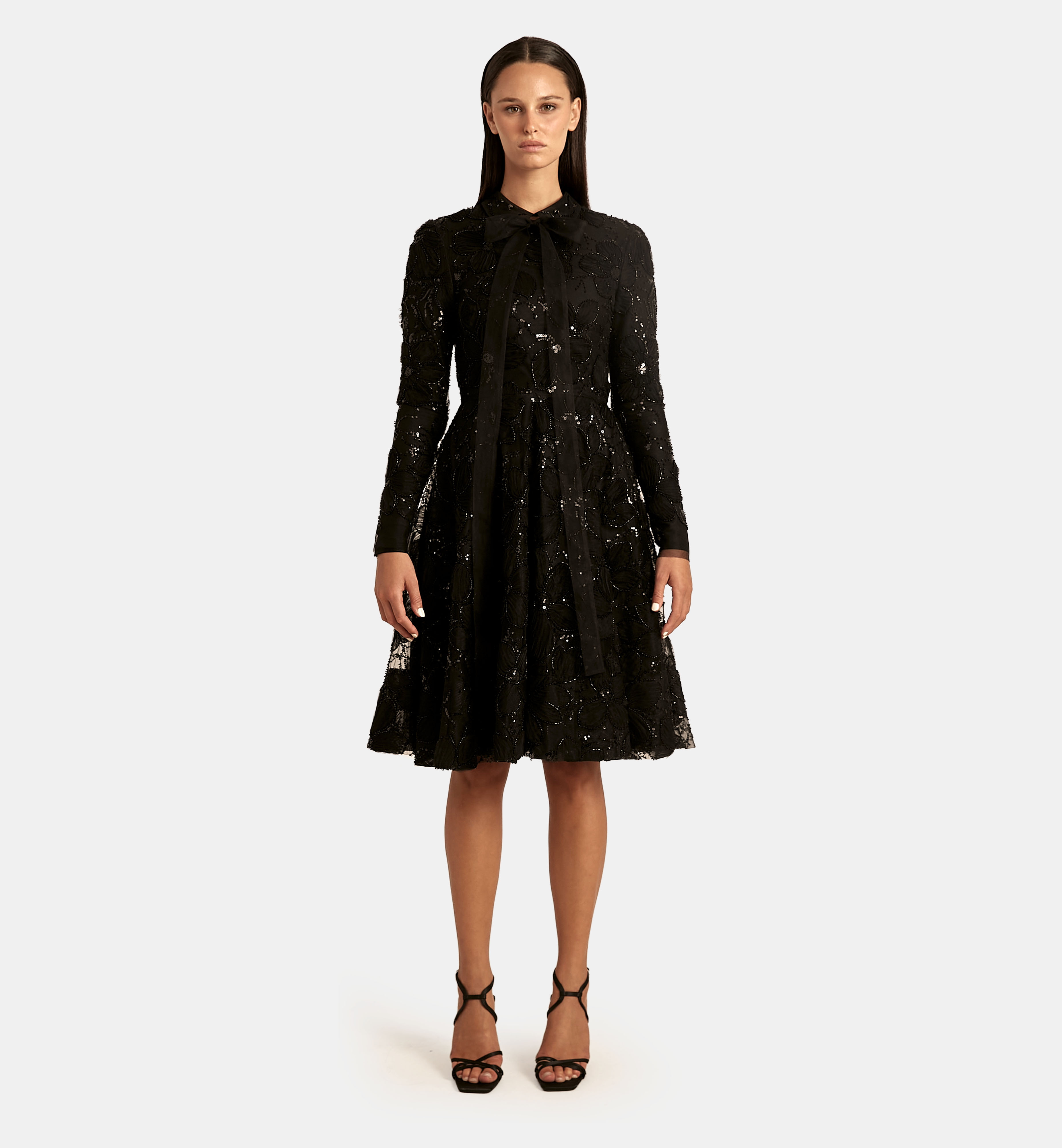 Tulle Dress with Floral Fabric Folds, Black