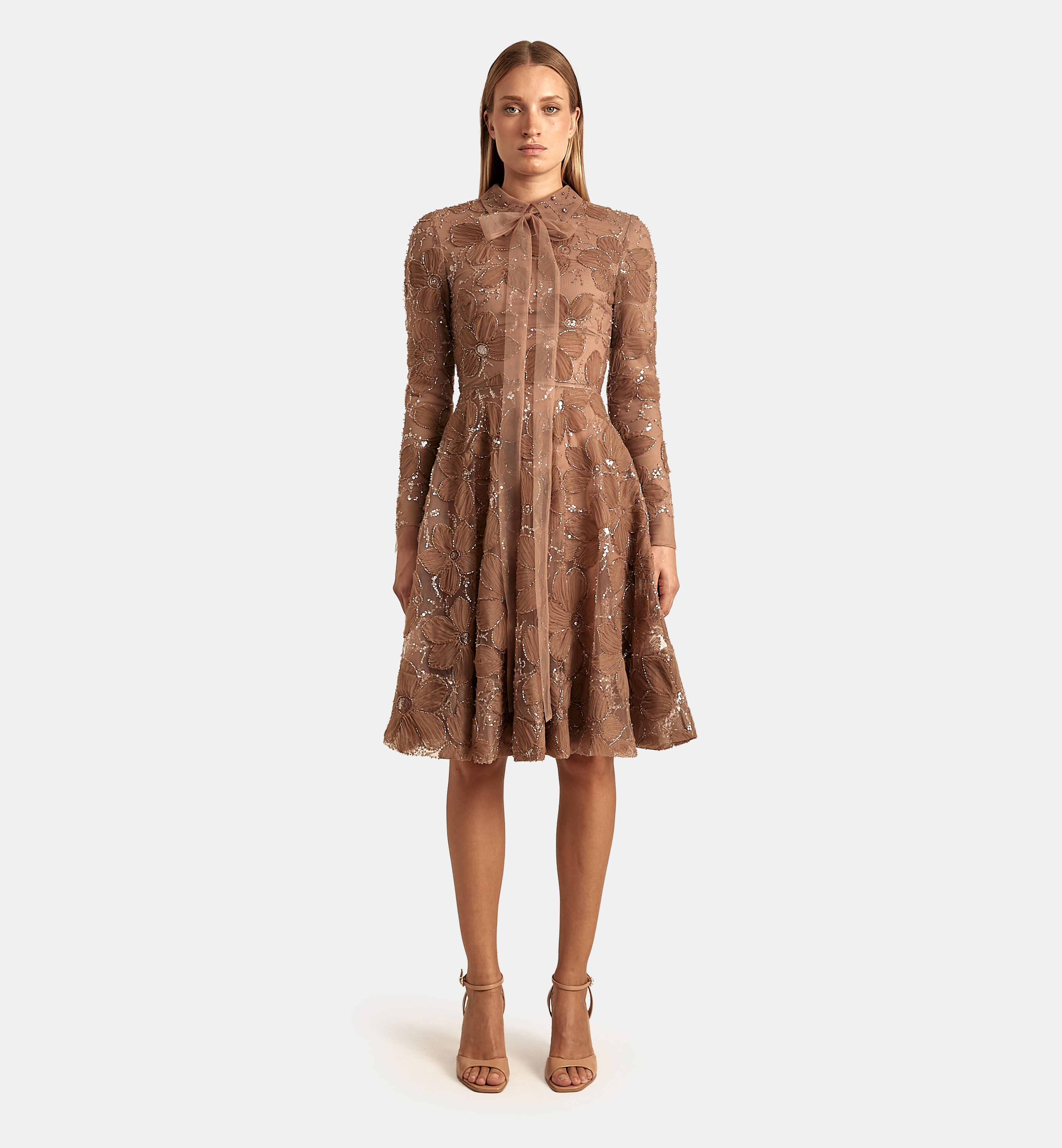 Tulle Dress with Floral Fabric Folds, Brown