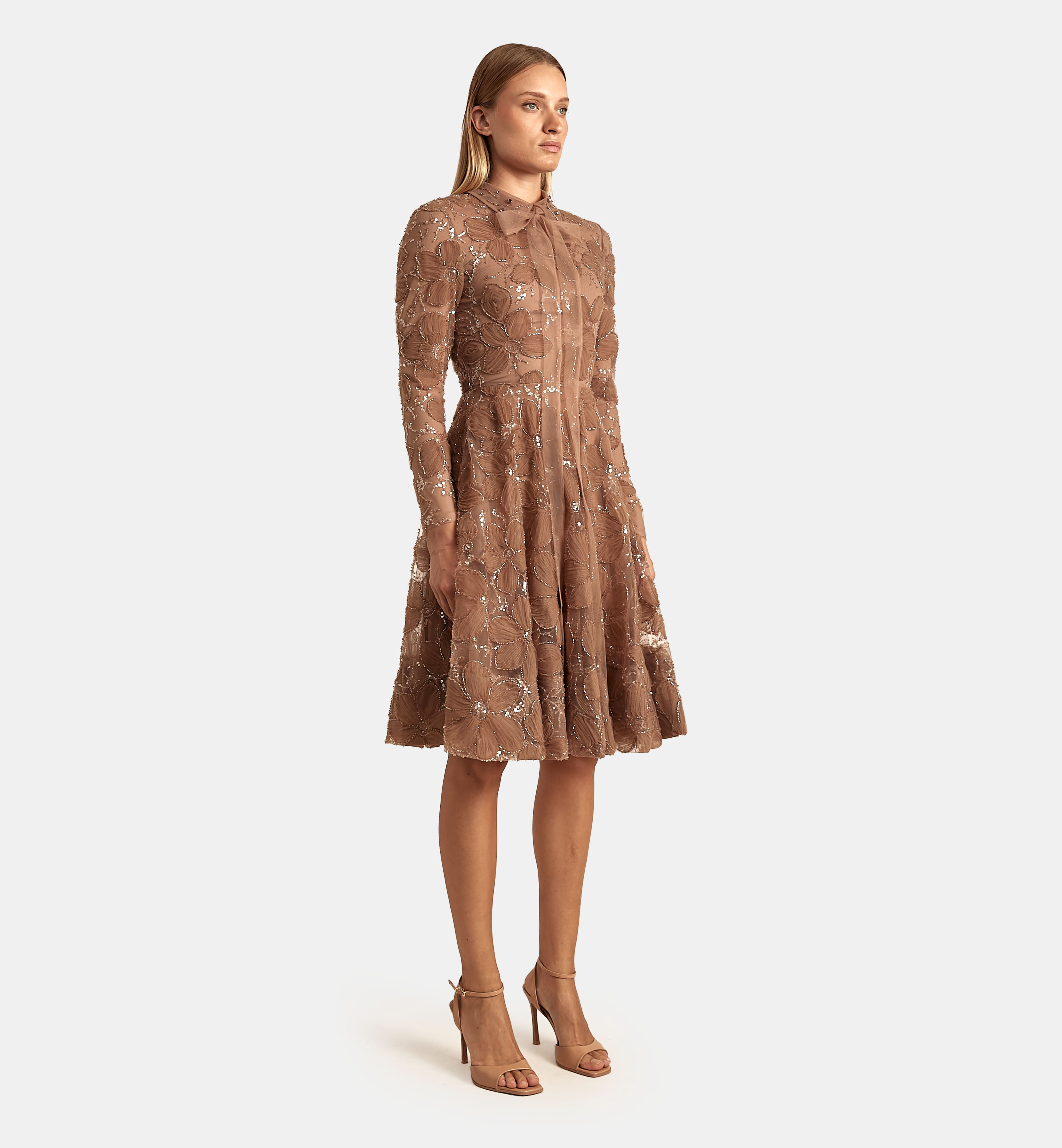 Tulle Dress with Floral Fabric Folds, Brown