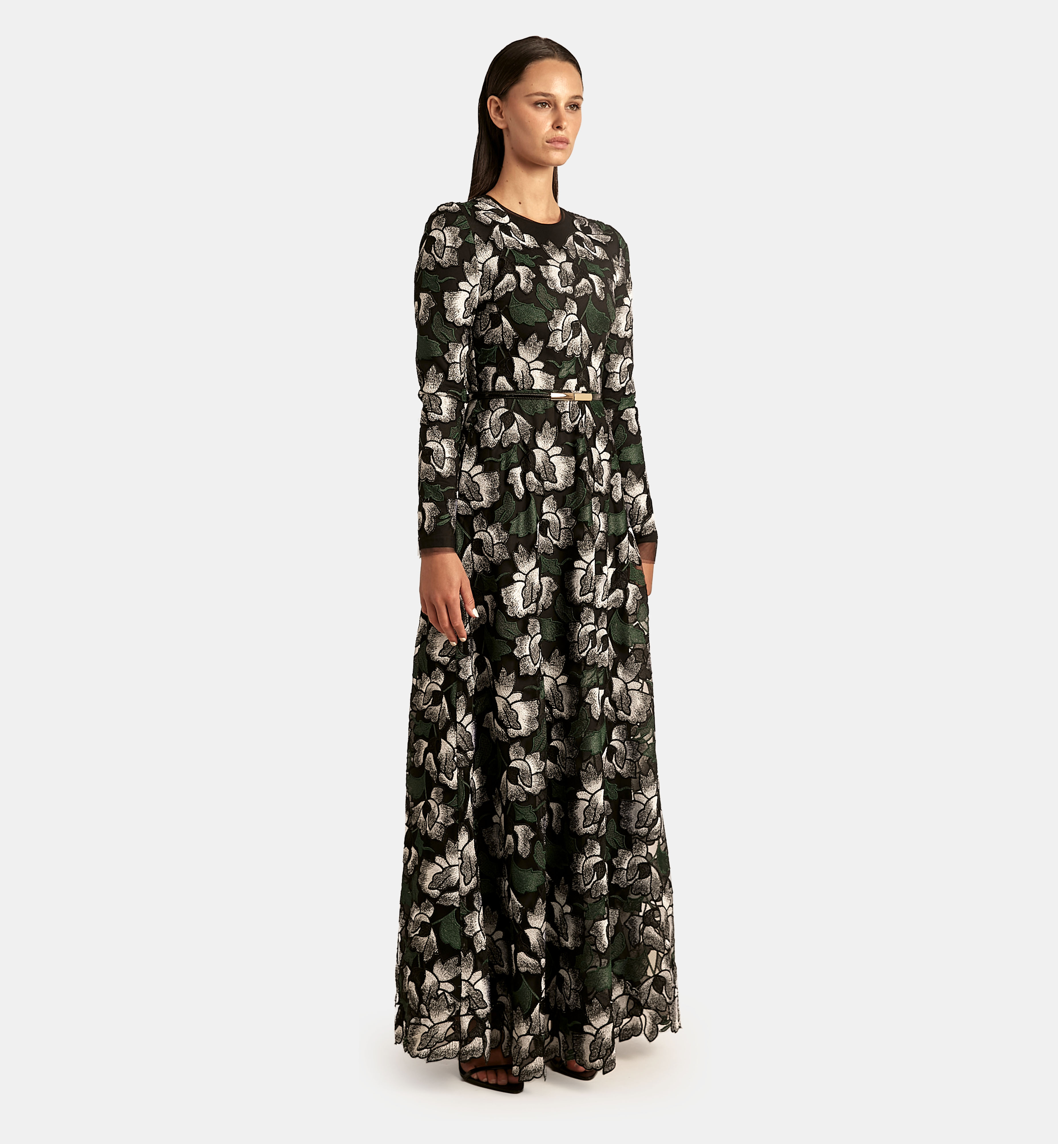 Embroidered Floral Tulle Dress maxi, Black
