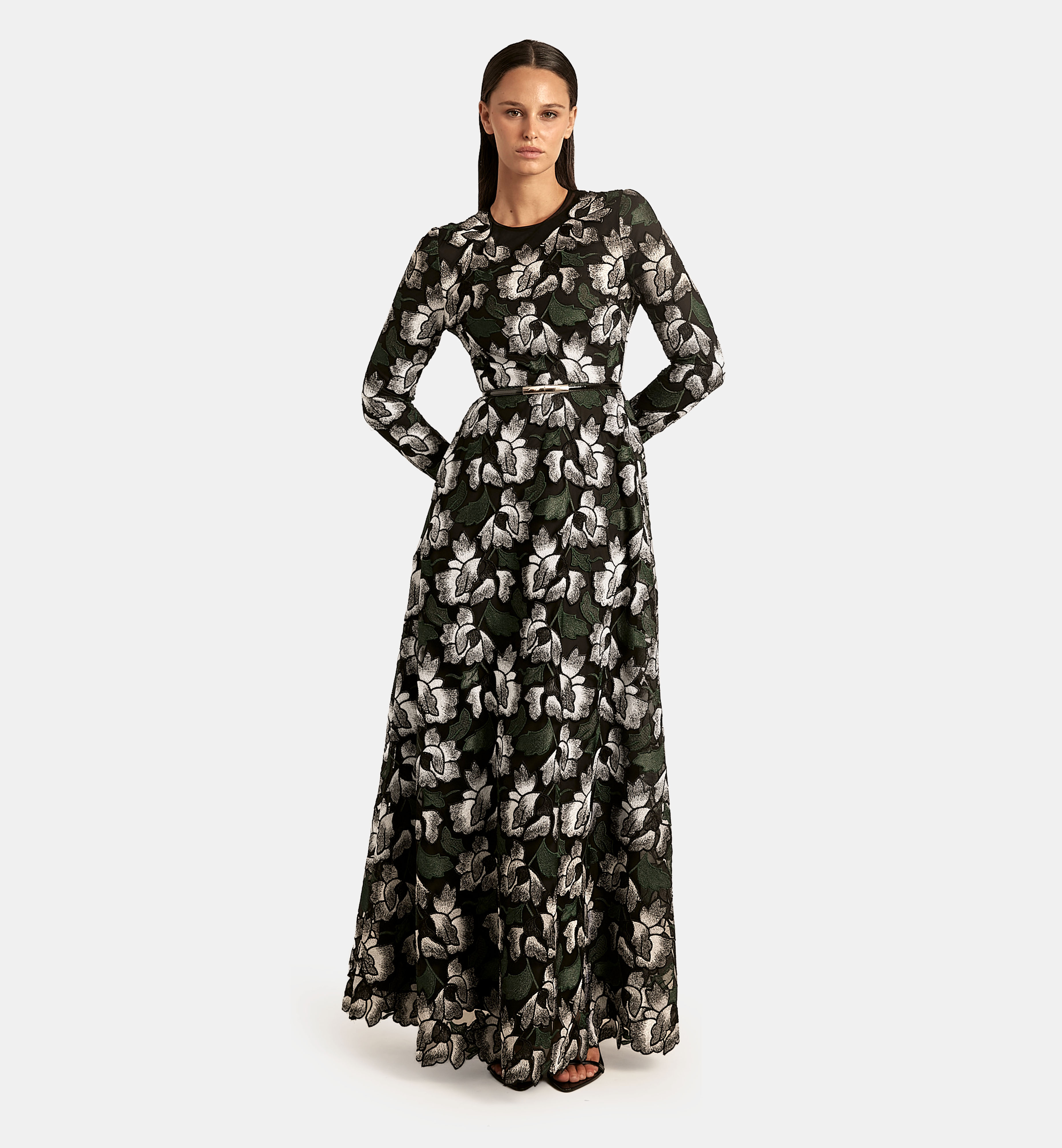 Embroidered Floral Tulle Dress maxi, Black