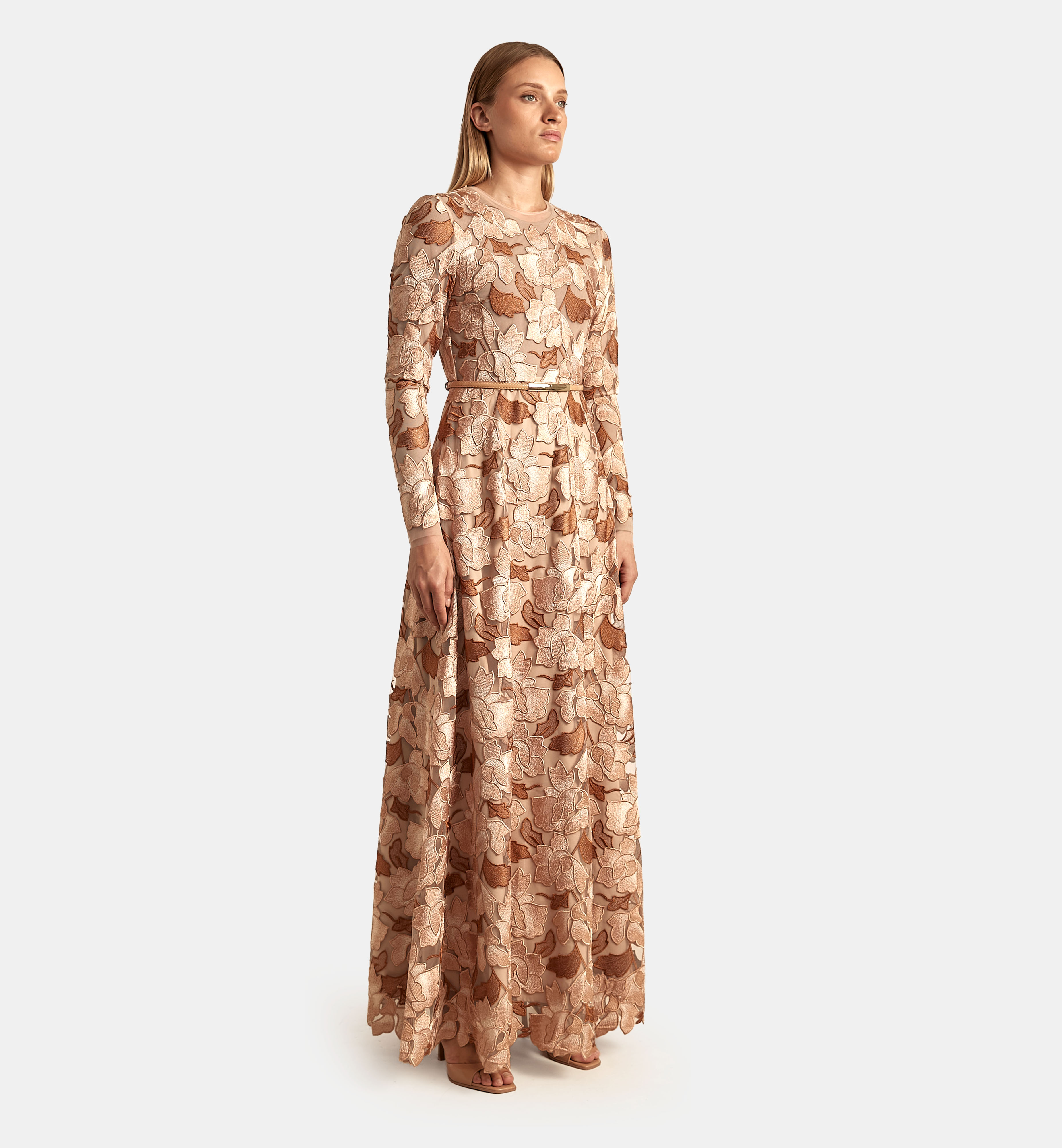 Embroidered Floral Tulle Dress maxi, Beige