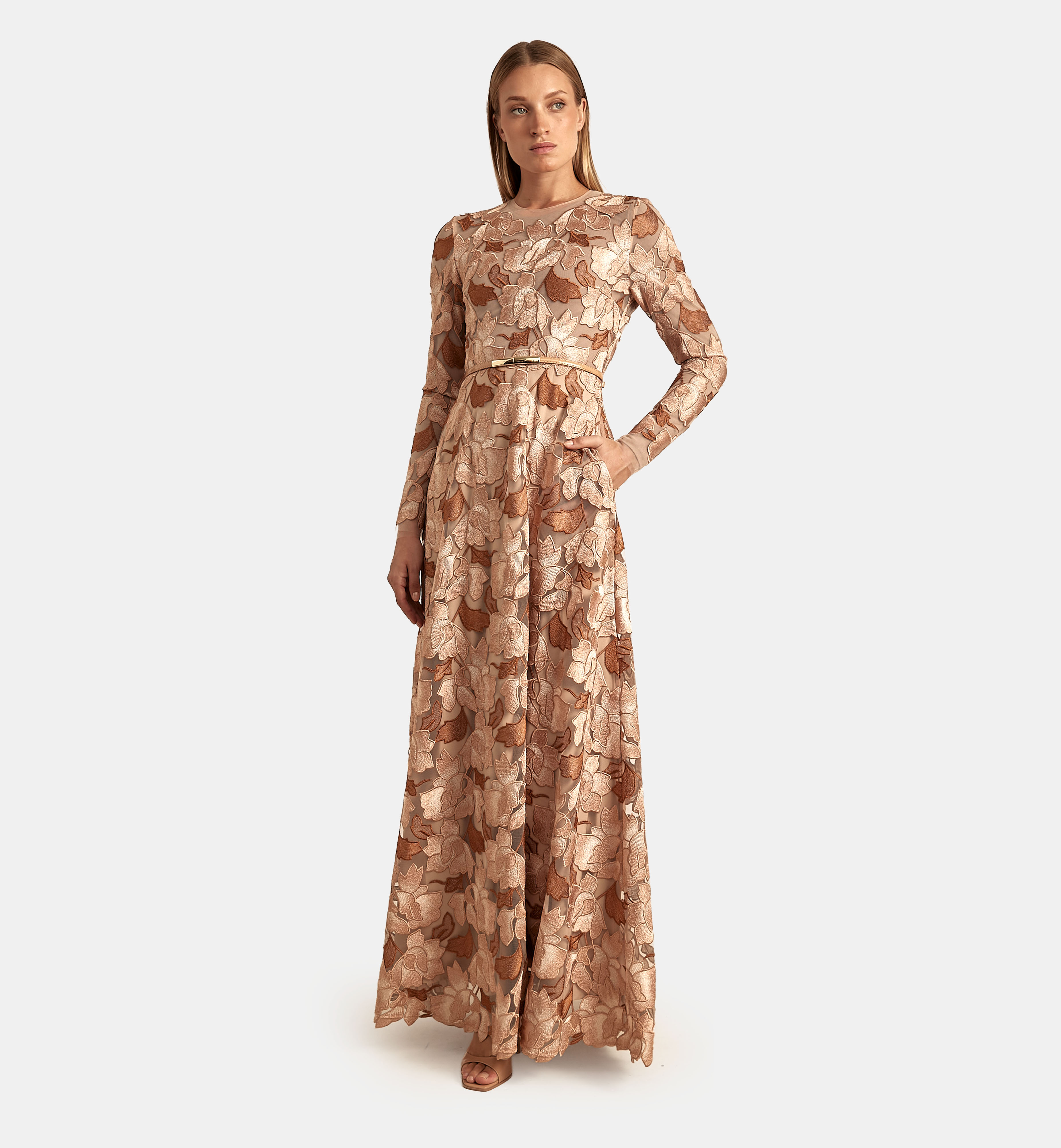 Embroidered Floral Tulle Dress maxi, Beige