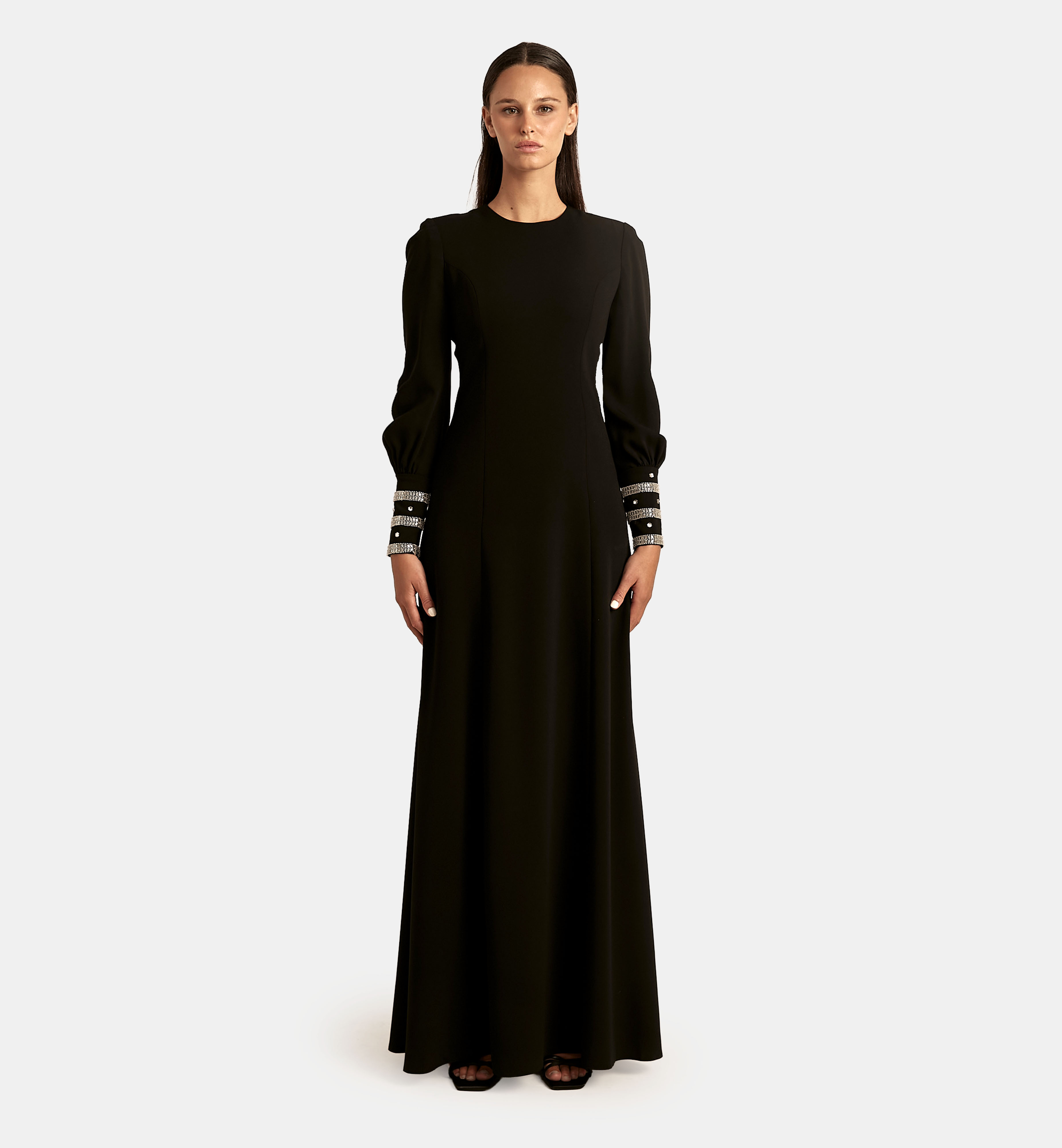 Princess Maxi Dress with Embellished Fitted Sleeves, Black