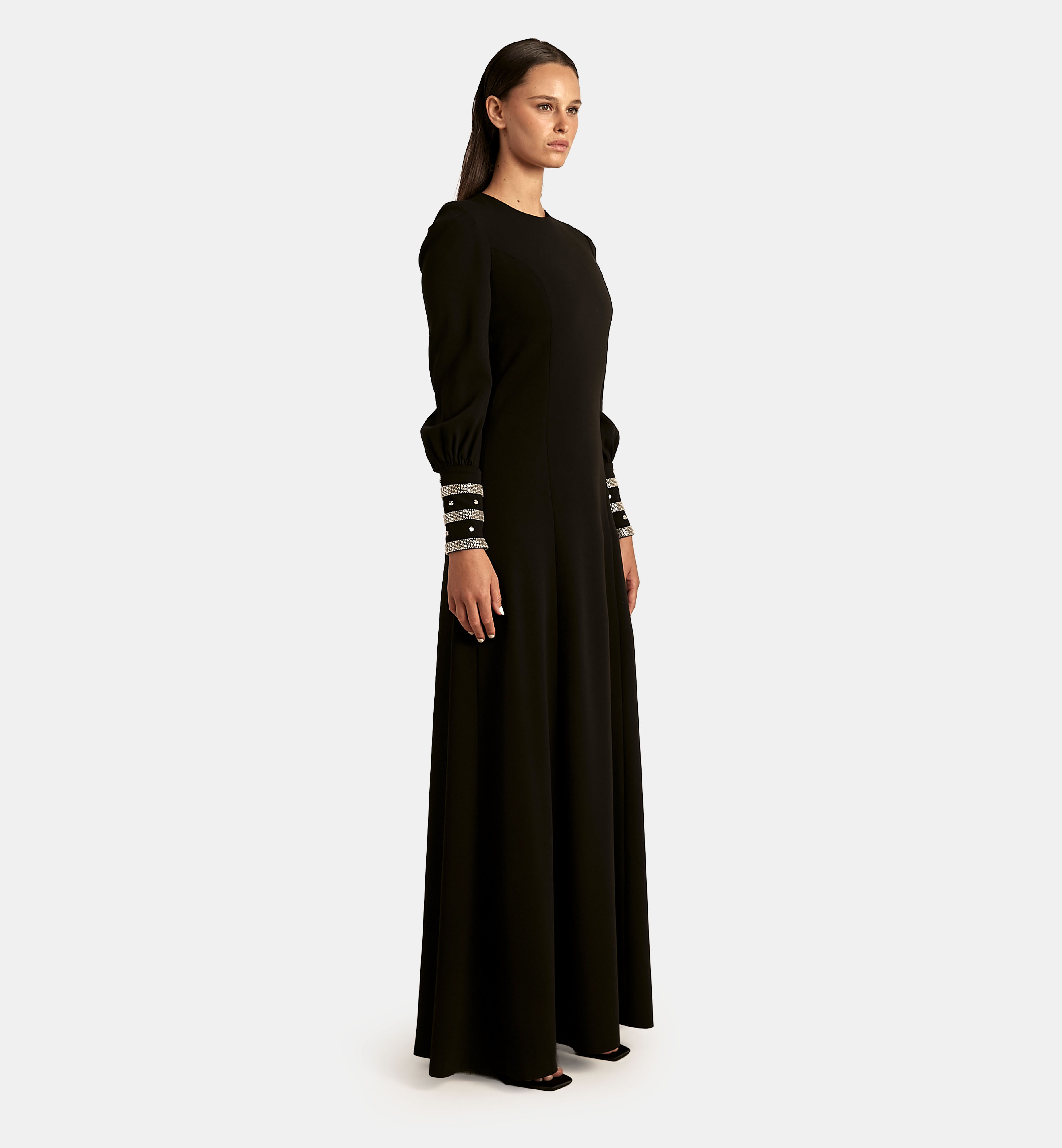 Princess Maxi Dress with Embellished Fitted Sleeves, Black
