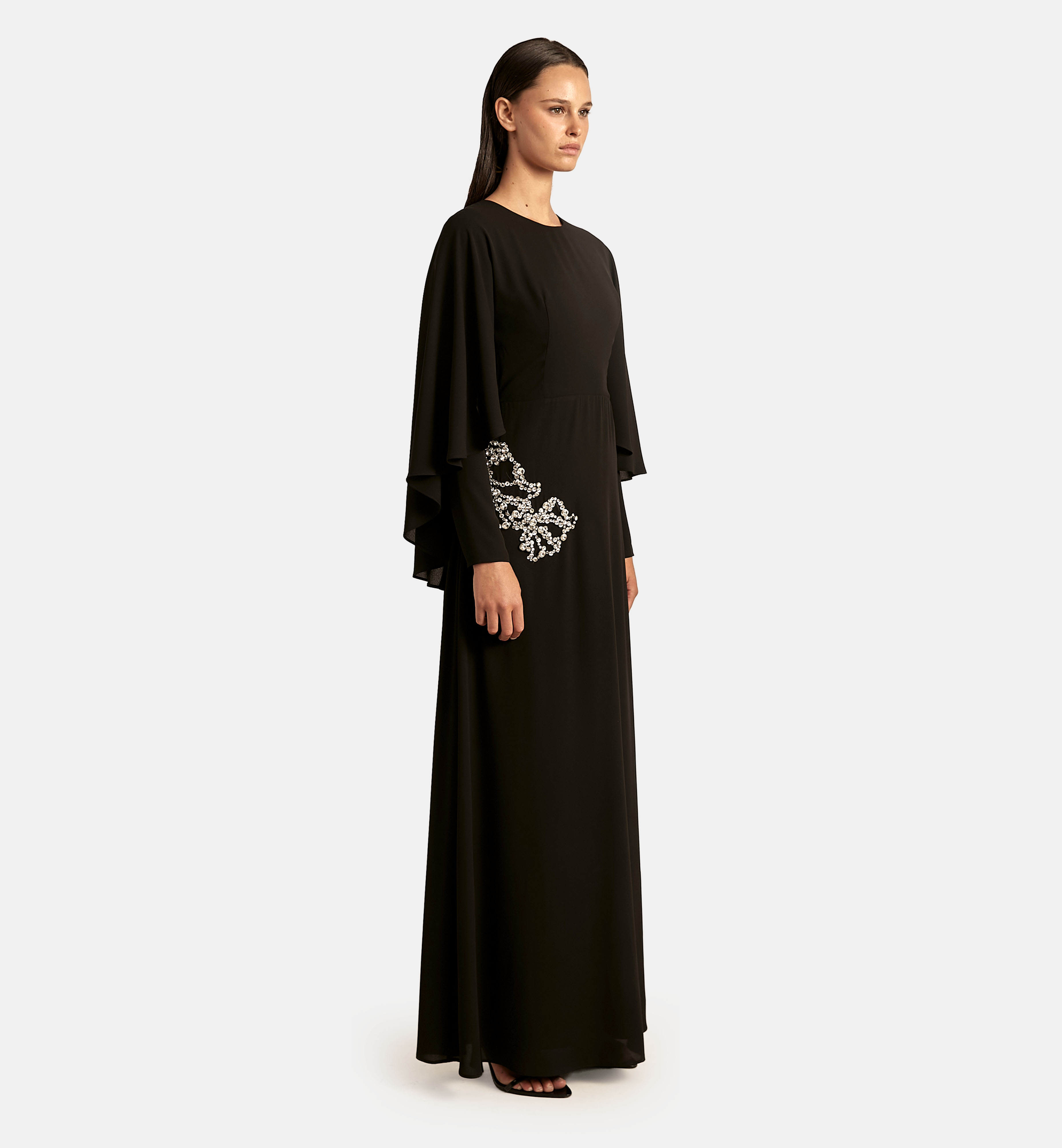 Crepe Cape Dress with Crystal Embellishment maxi, Black
