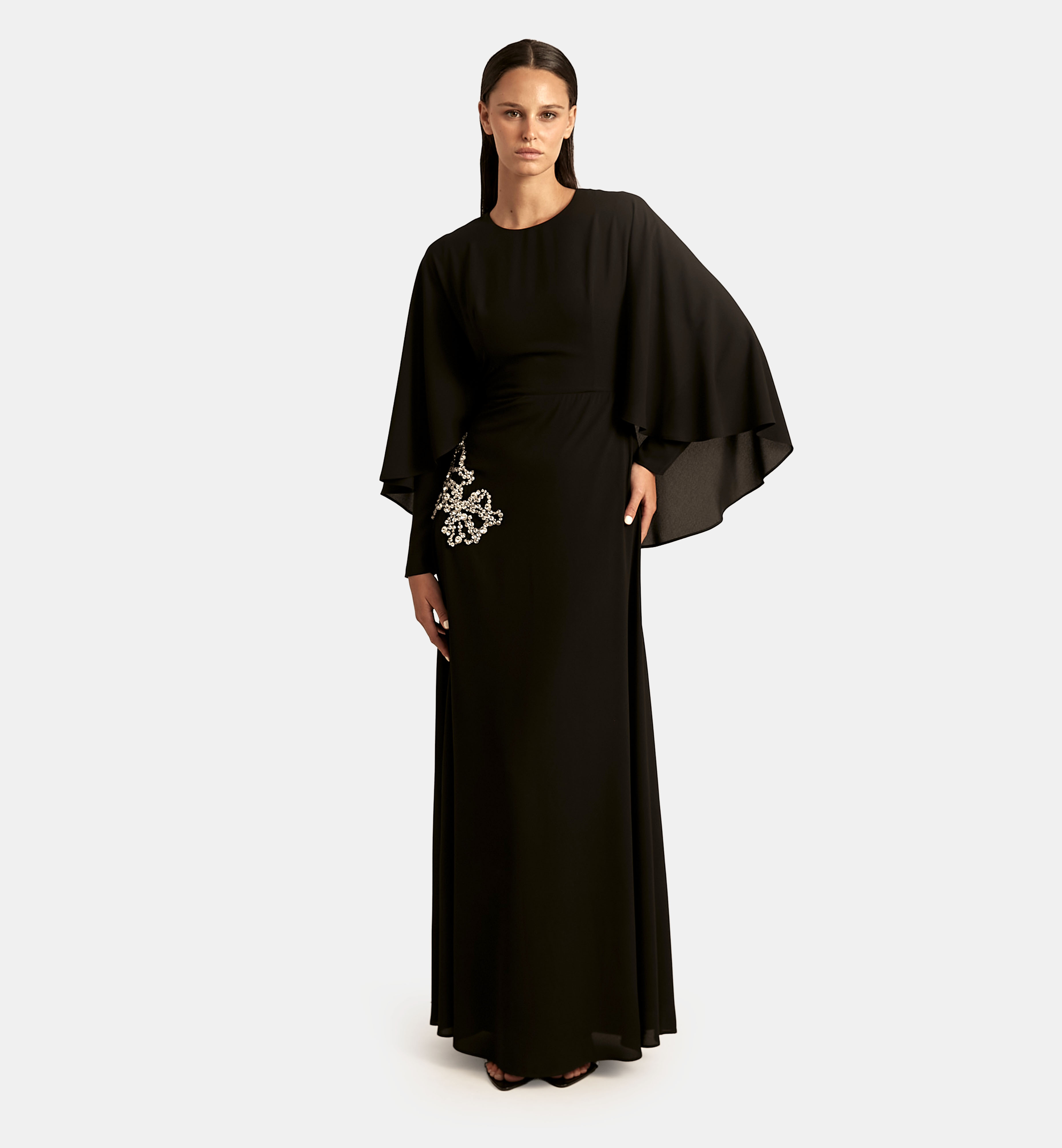 Crepe Cape Dress with Crystal Embellishment maxi, Black