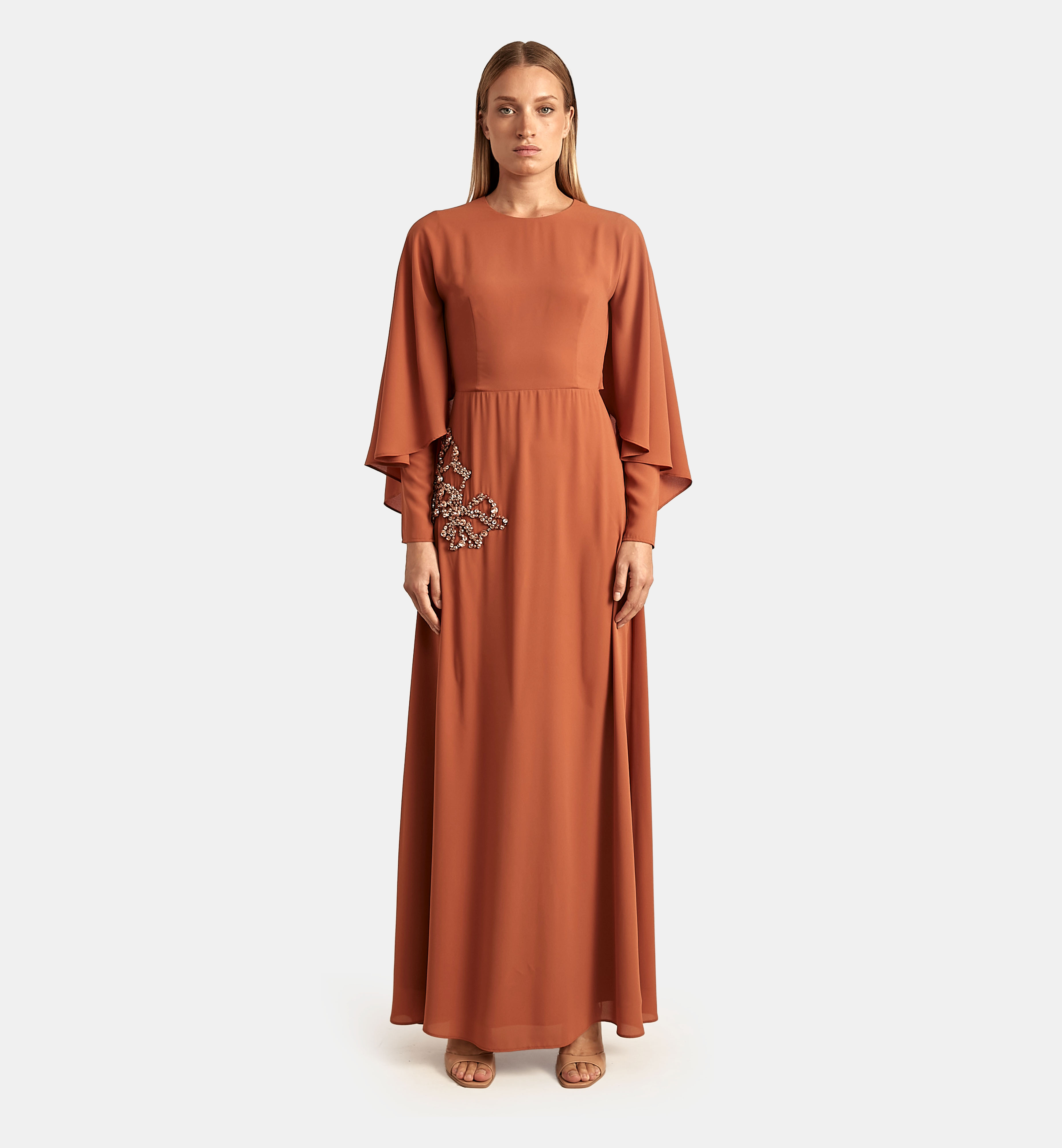 Crepe Cape Dress with Crystal Embellishment maxi, Camel