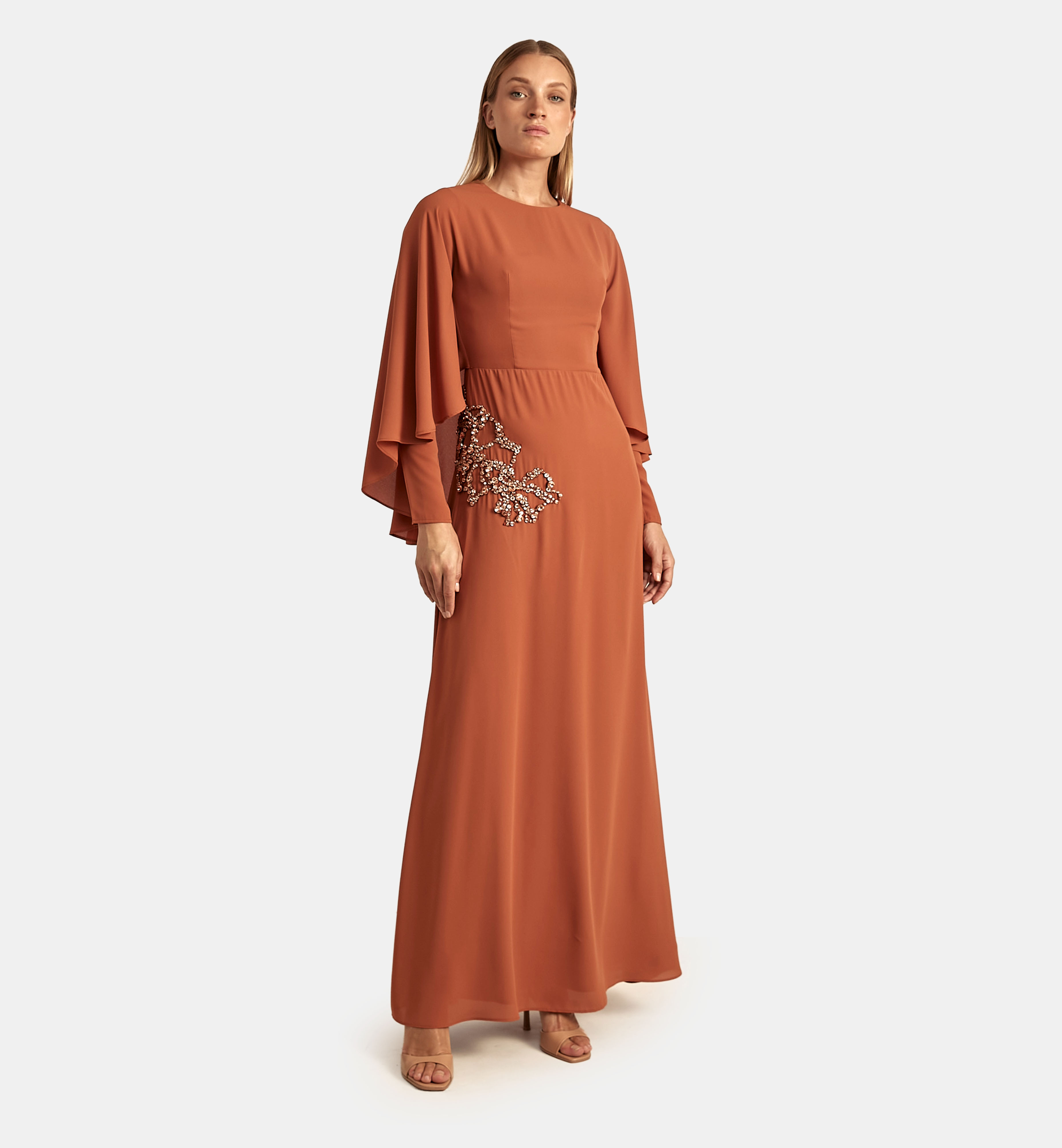Crepe Cape Dress with Crystal Embellishment maxi, Camel