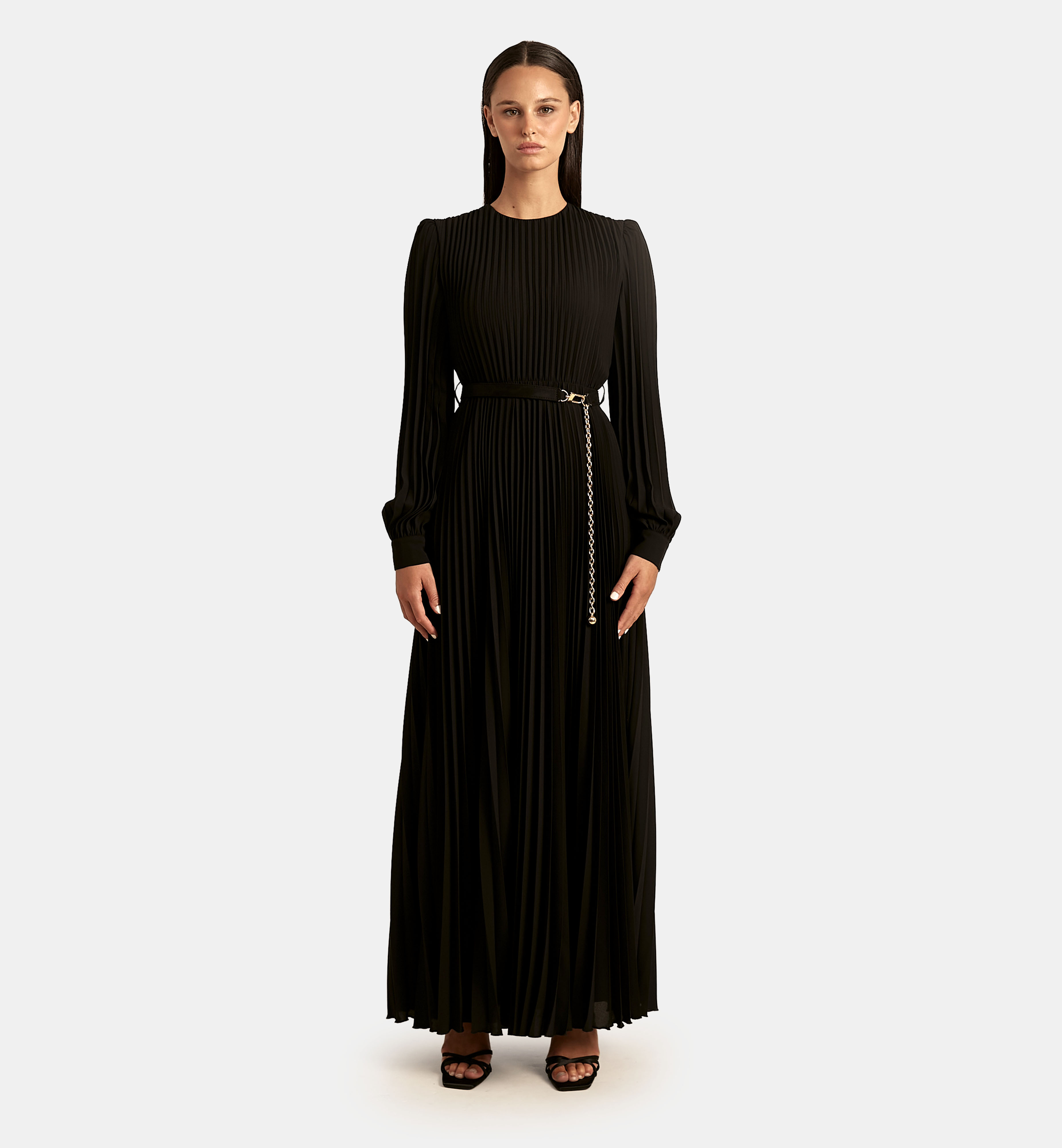Pleated Chiffon Maxi Dress, Black