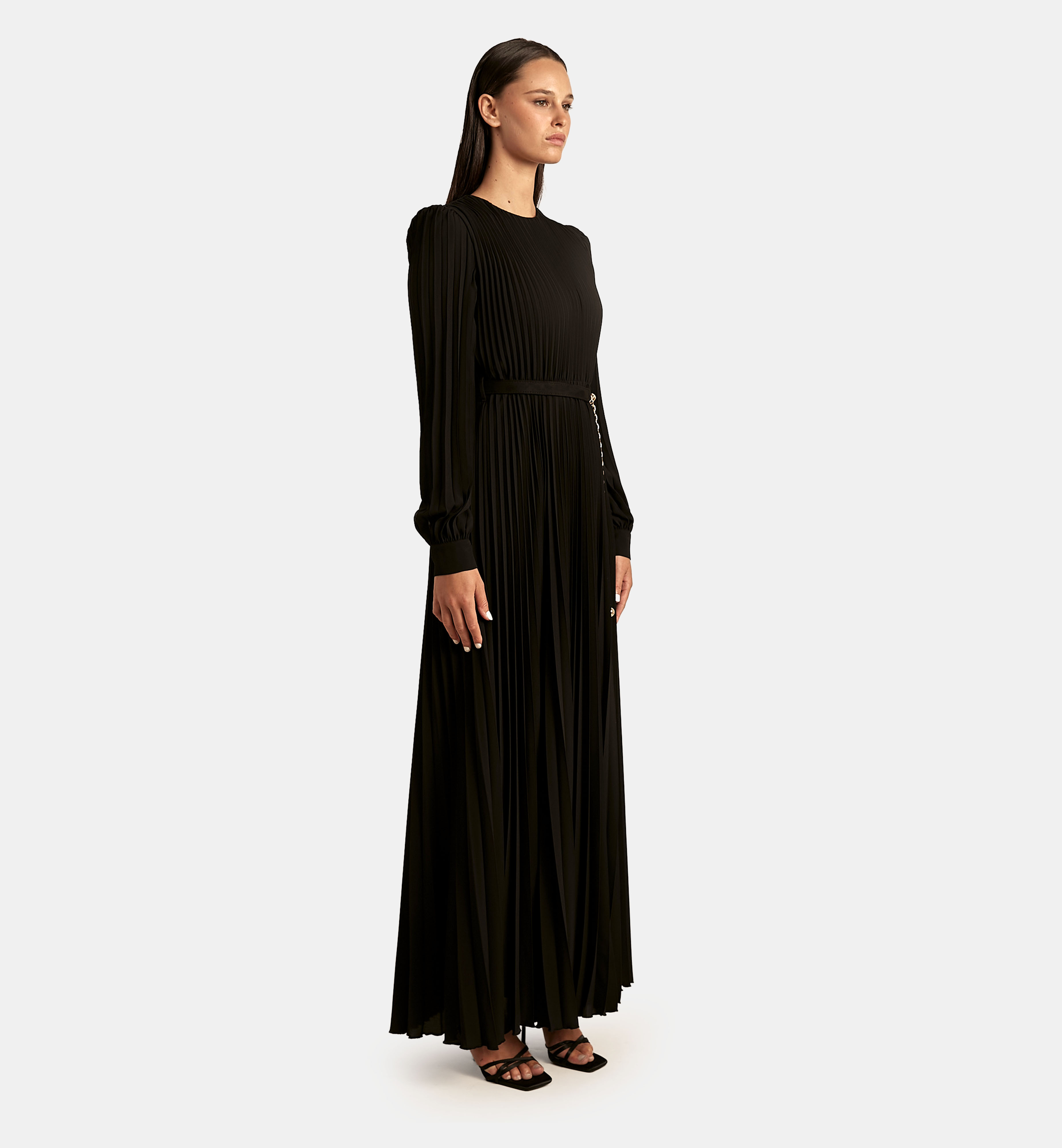 Pleated Chiffon Maxi Dress, Black
