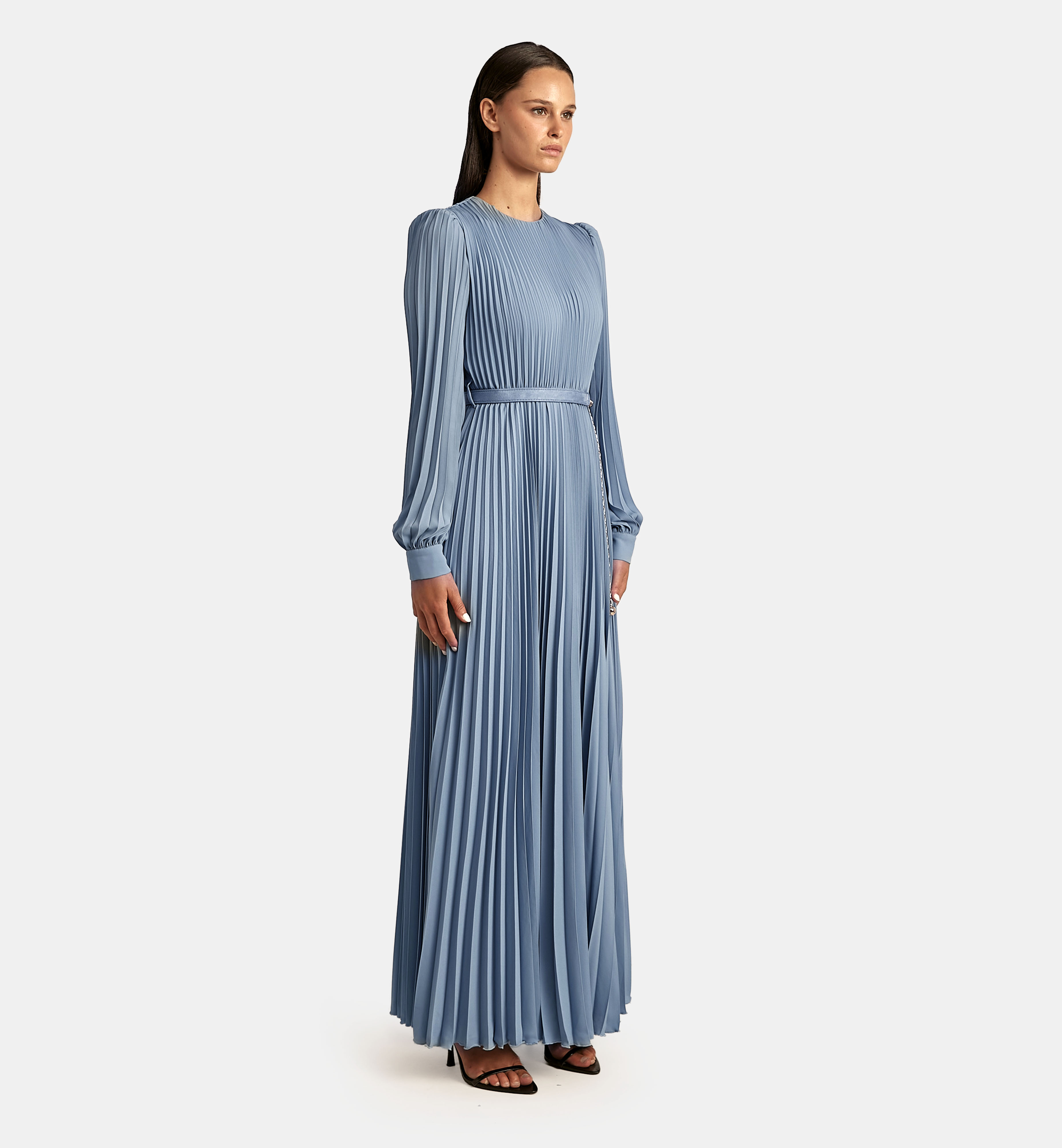 Pleated Chiffon Maxi Dress, Light Blue