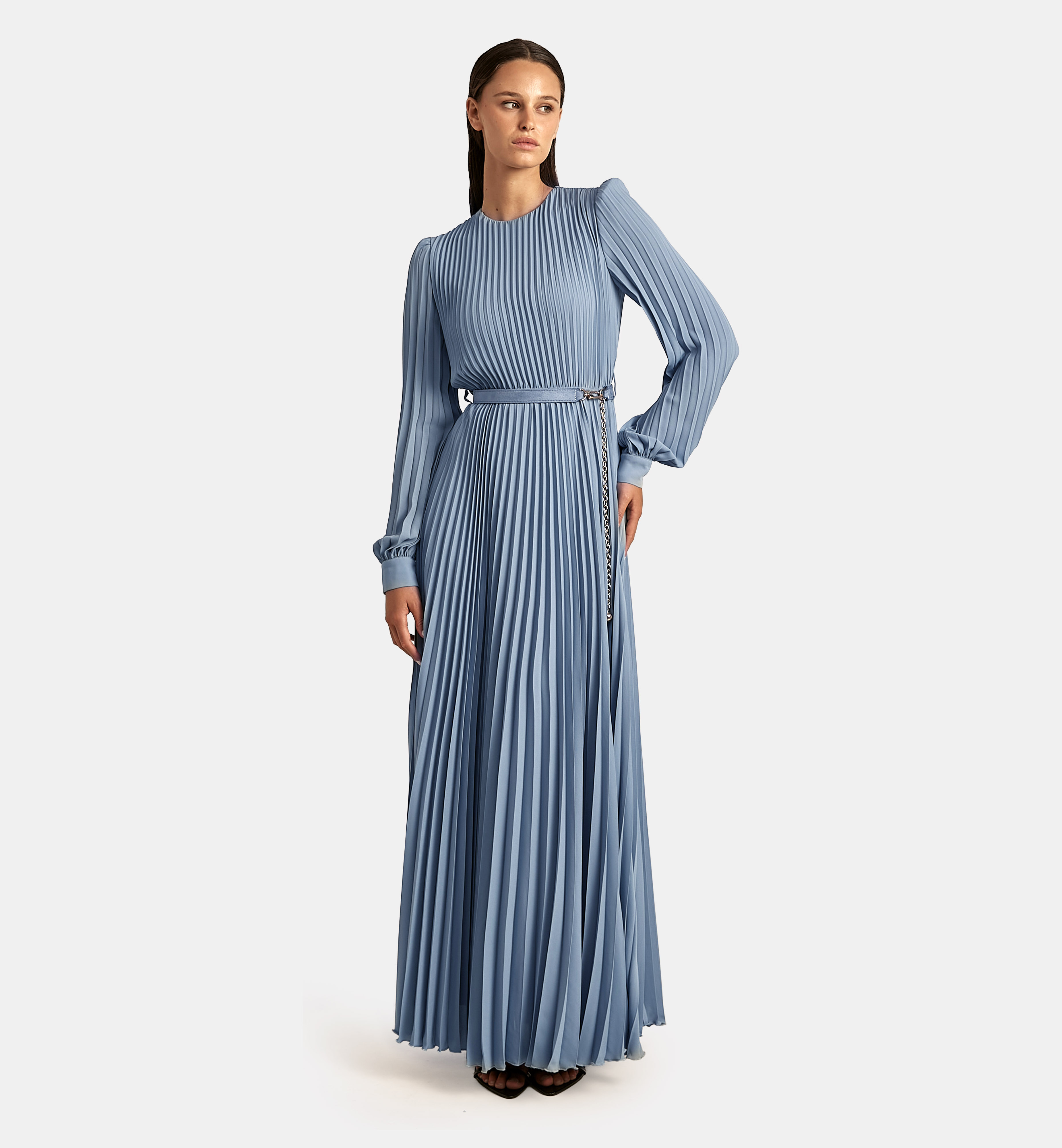 Pleated Chiffon Maxi Dress, Light Blue