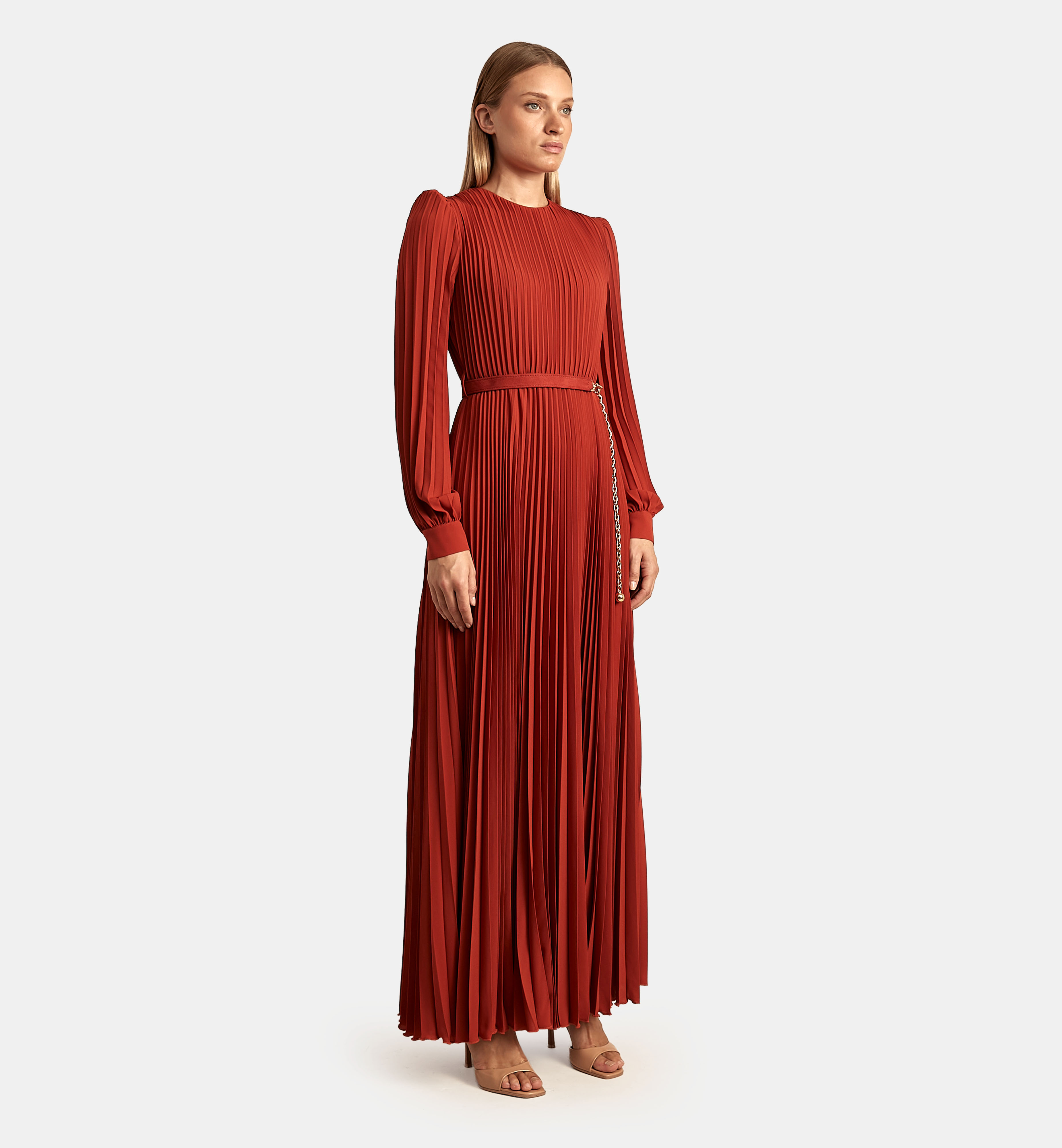Pleated Chiffon Maxi Dress, Terra