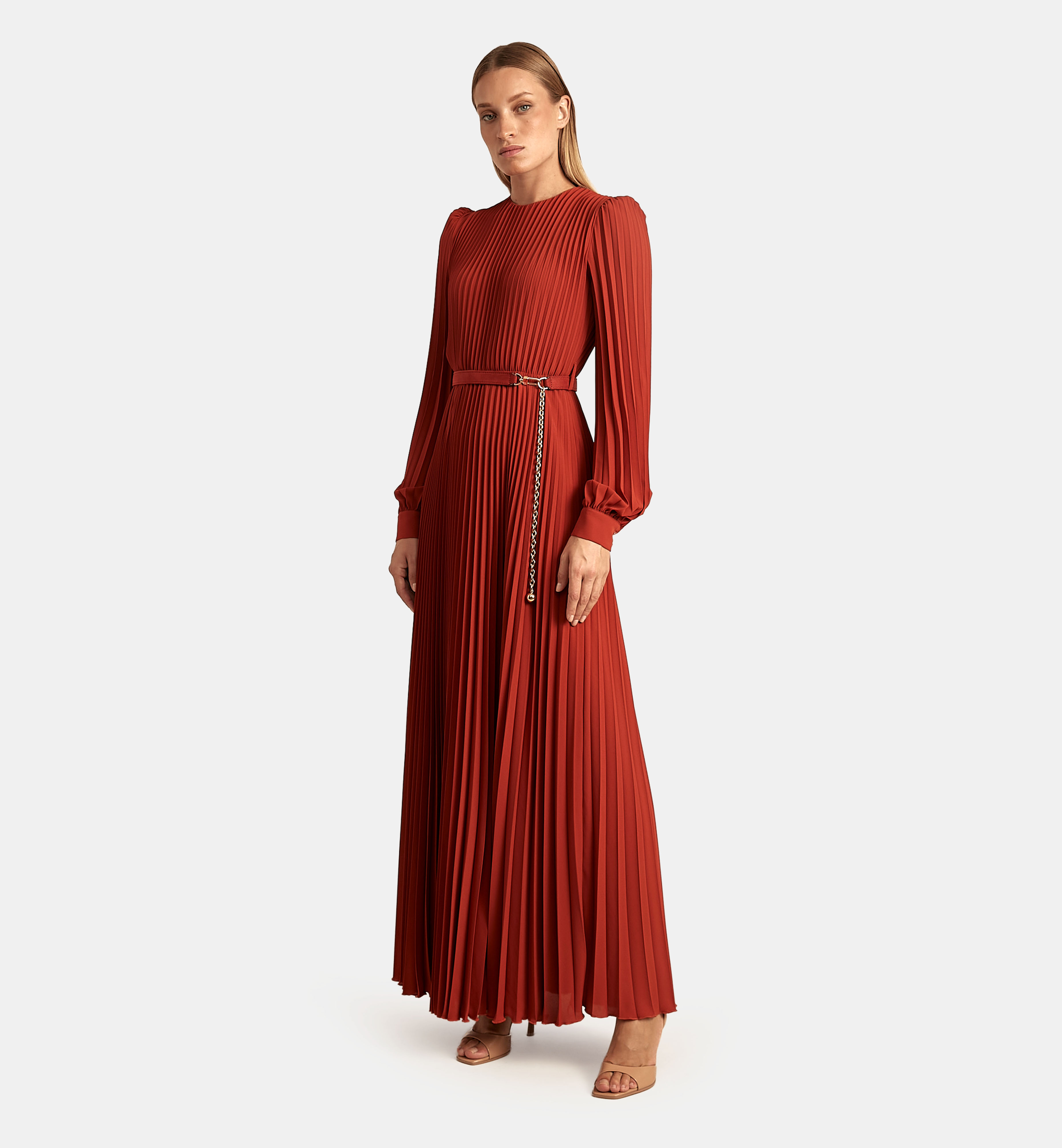 Pleated Chiffon Maxi Dress, Terra