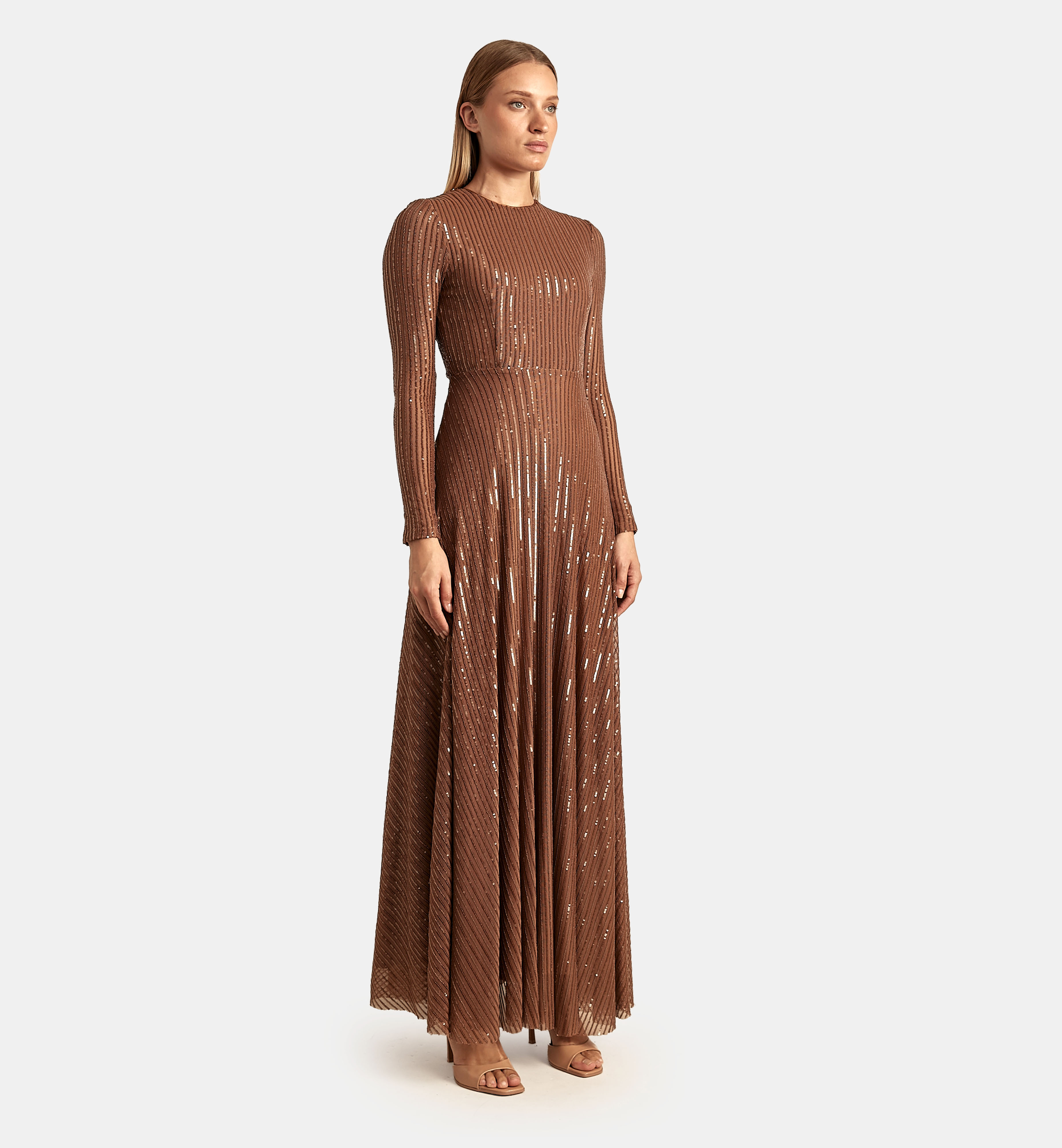 Sequins lines Dress maxi, Brown
