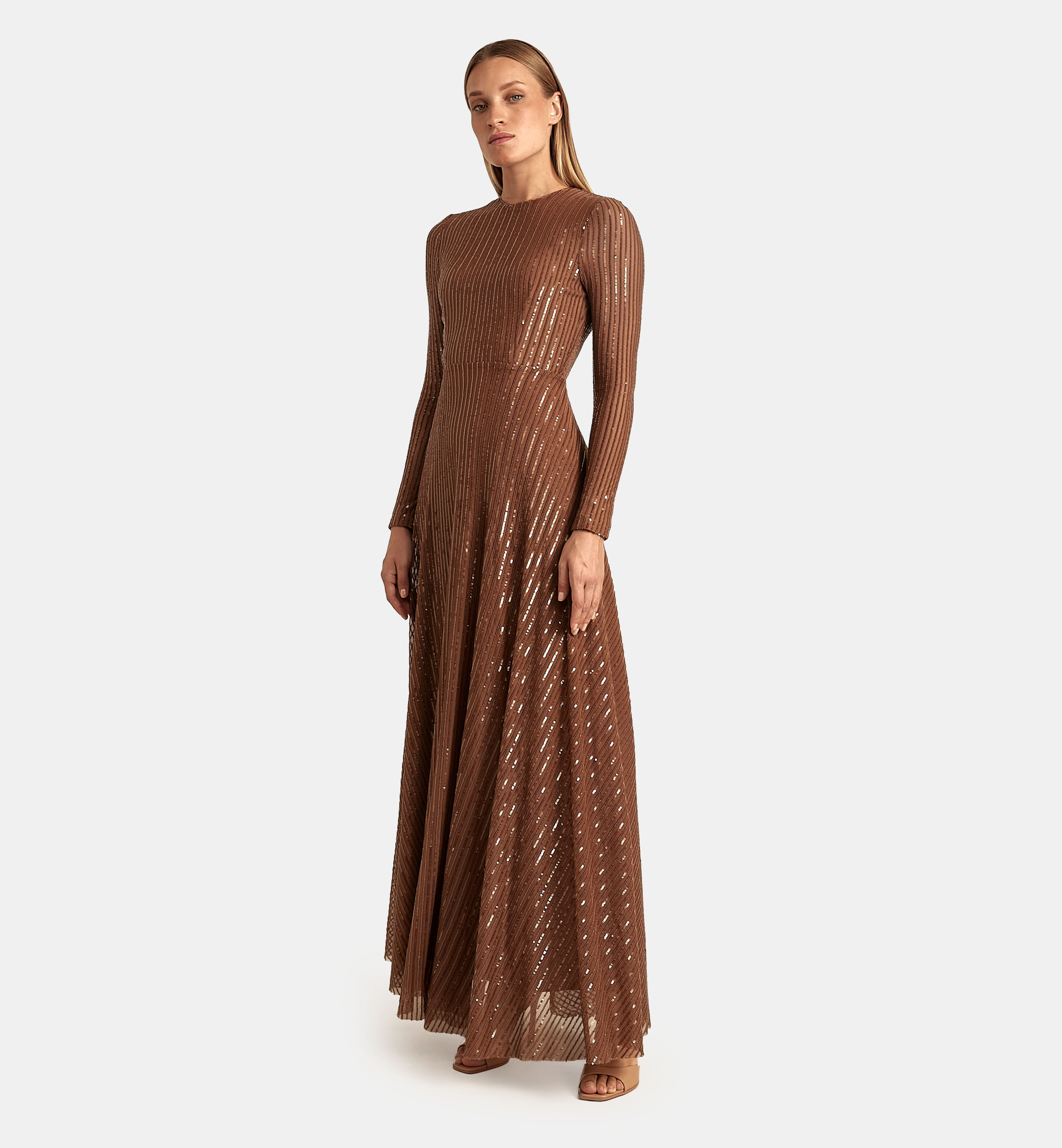Sequins lines Dress maxi, Brown